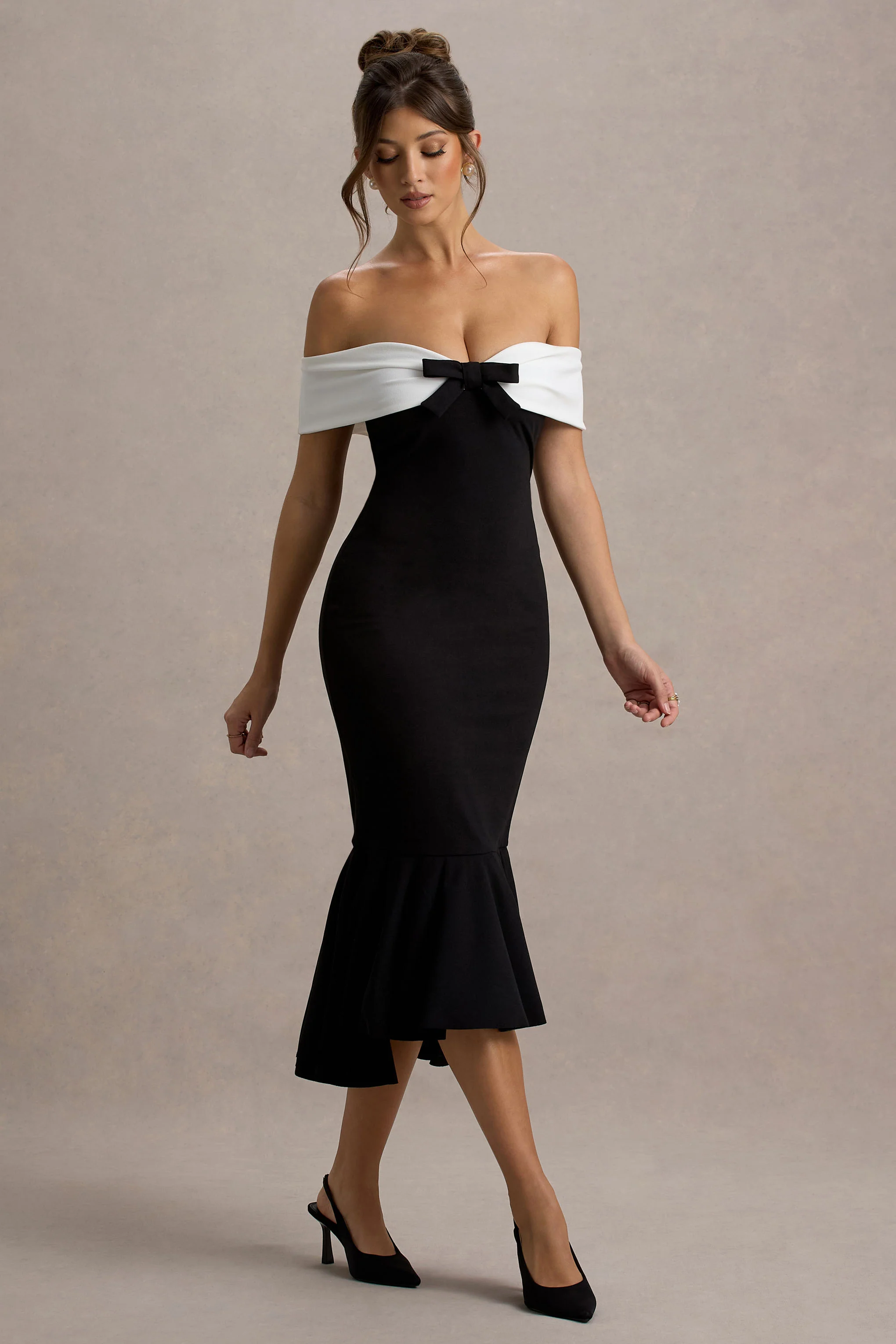 Corola | Black & White Bardot Volume-Hem Midi Dress