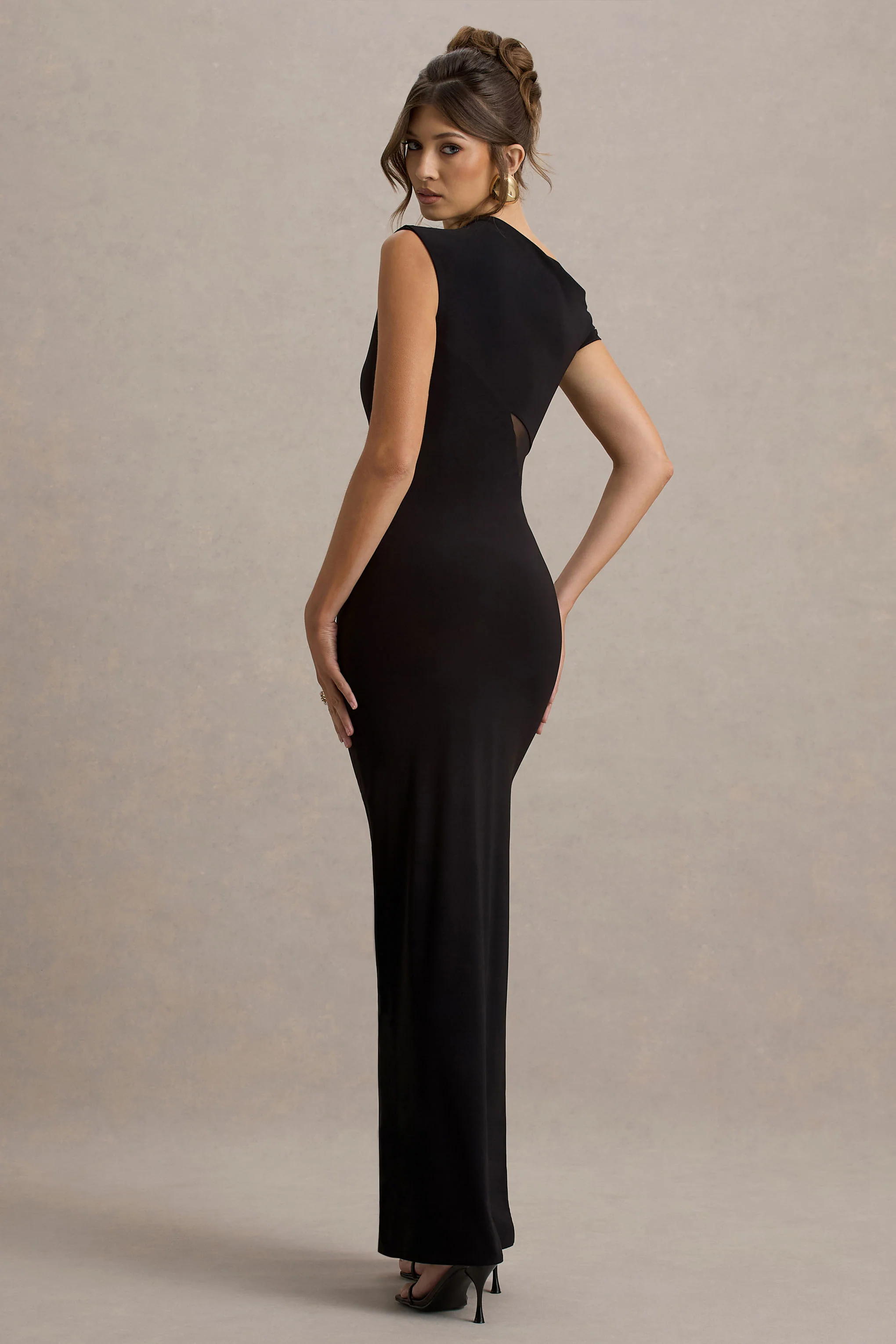 Emily | Black Asymmetric Split Maxi Dress With Mesh Detailing