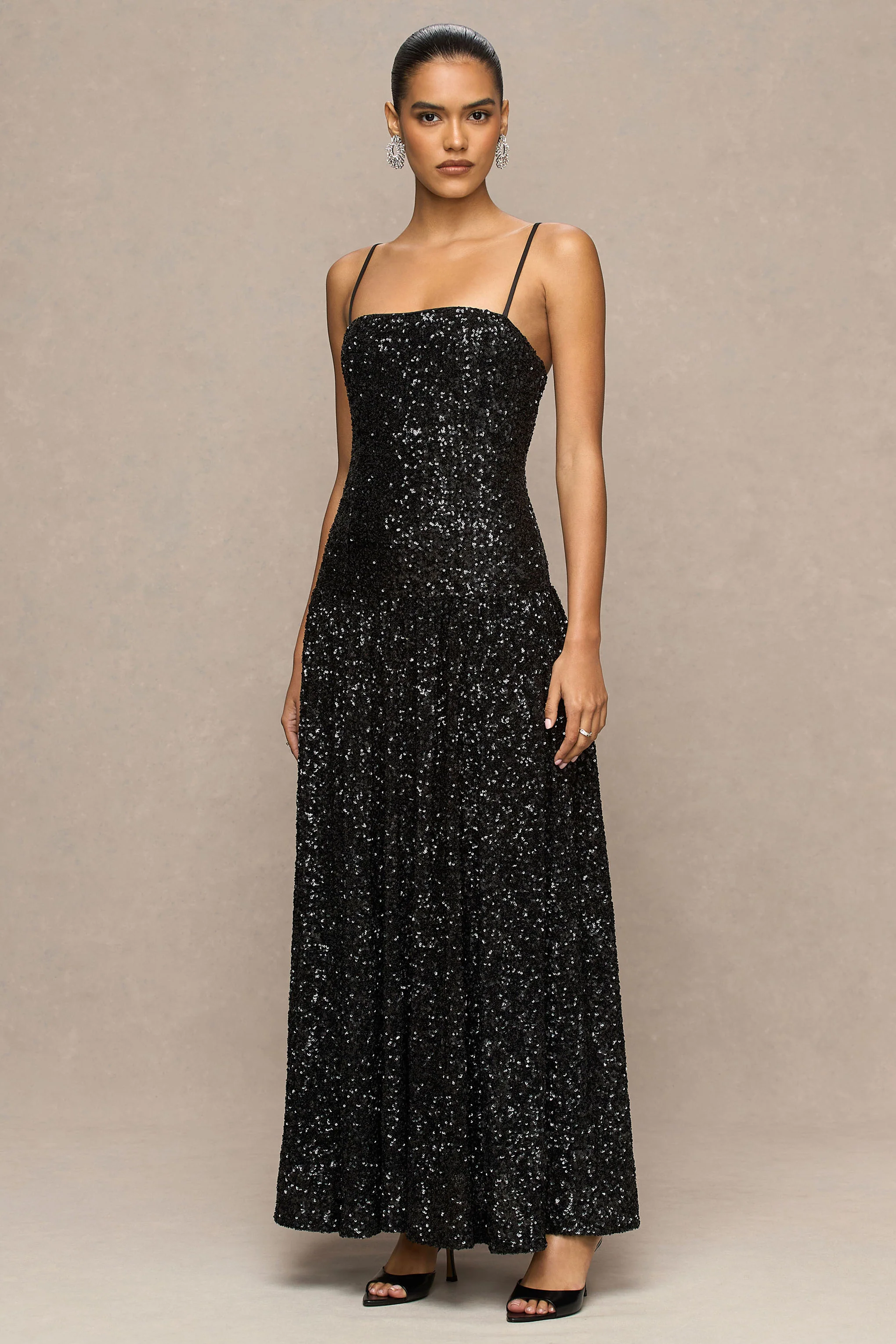 Allora | Black Sequin Bandeau Maxi Dress With Pleated Skirt