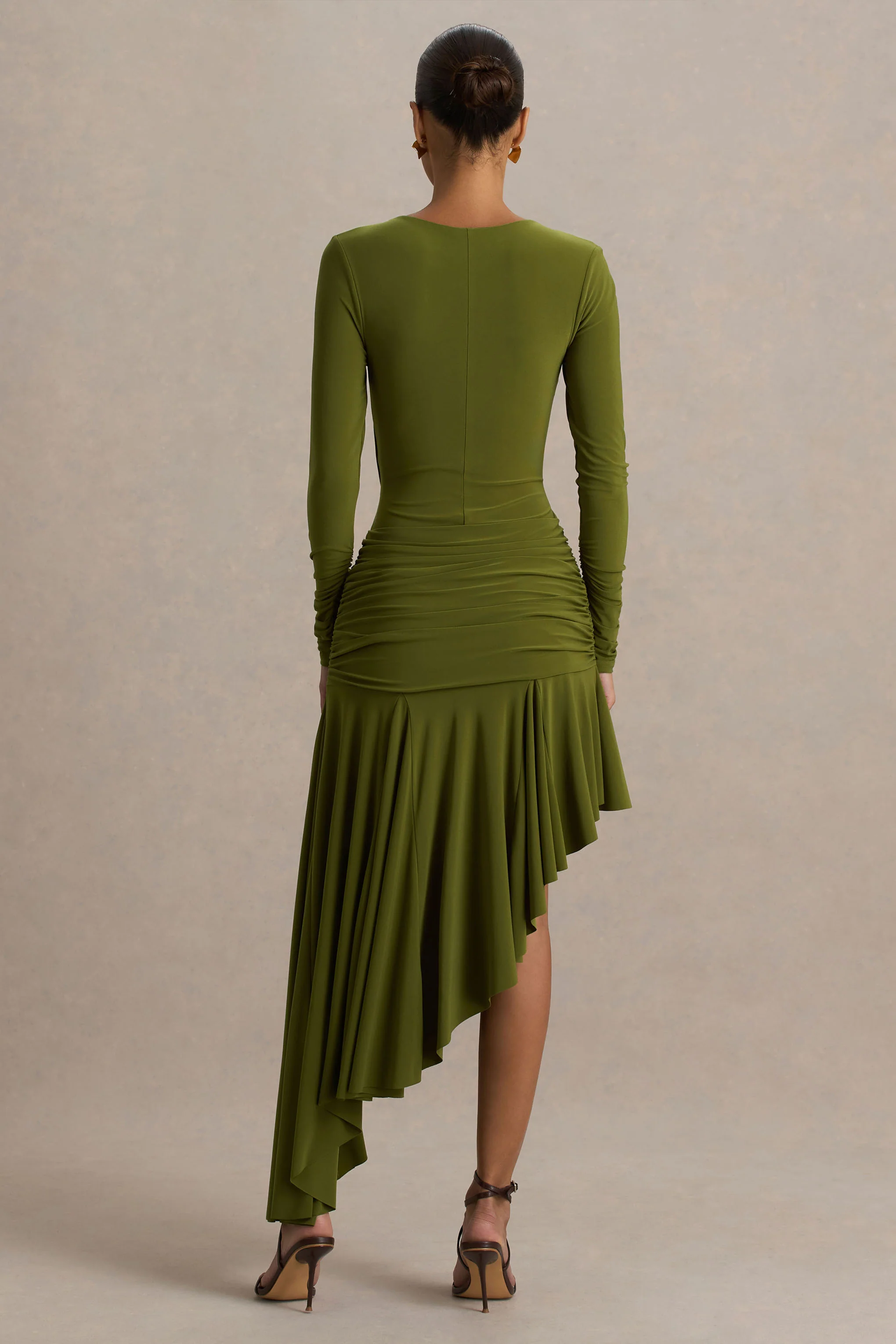 Alexia | Green Asymmetric-Neck Maxi Dress With Embellishment And Ruched Detailing