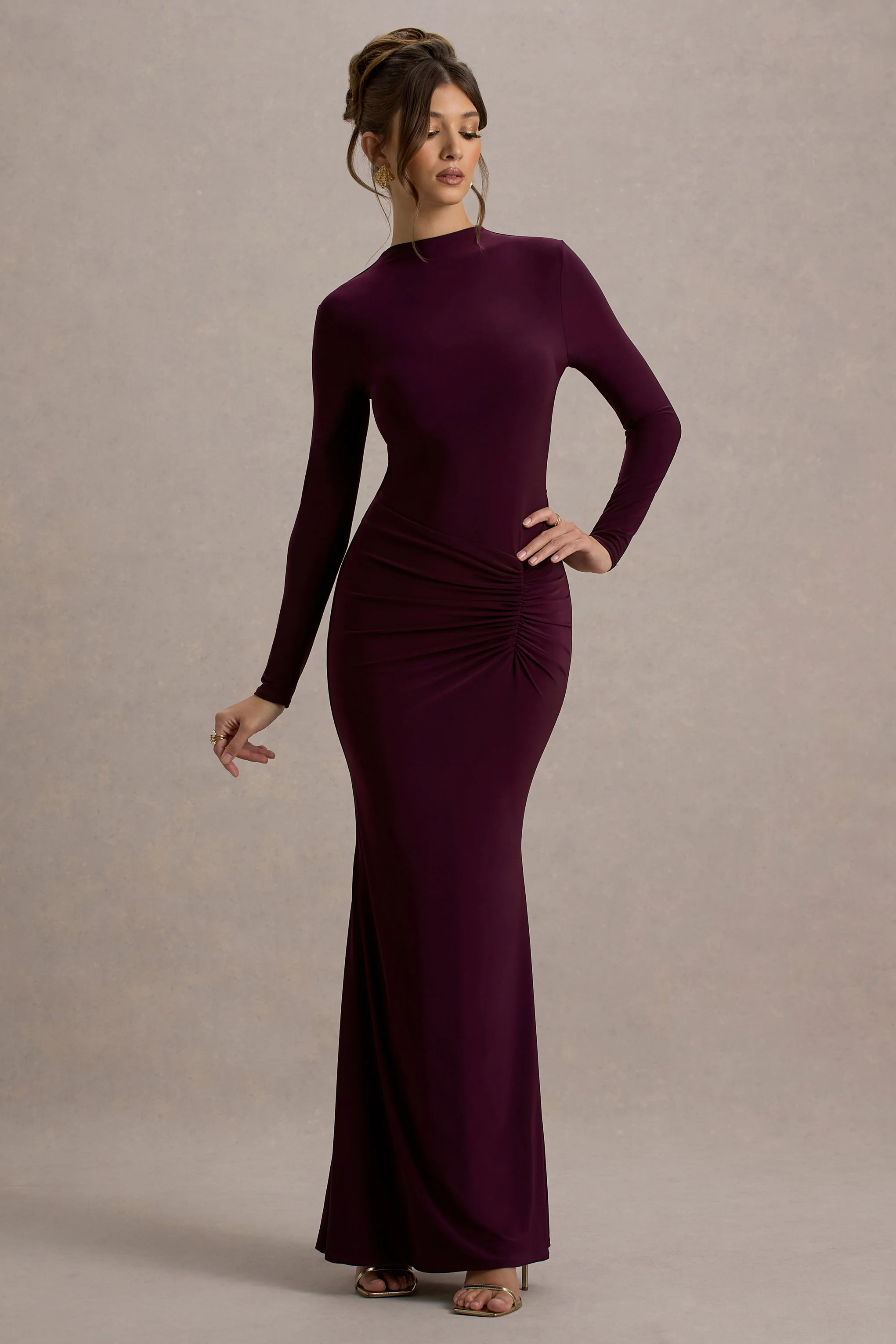 Reid | Plum Long-Sleeve Gathered Maxi Dress