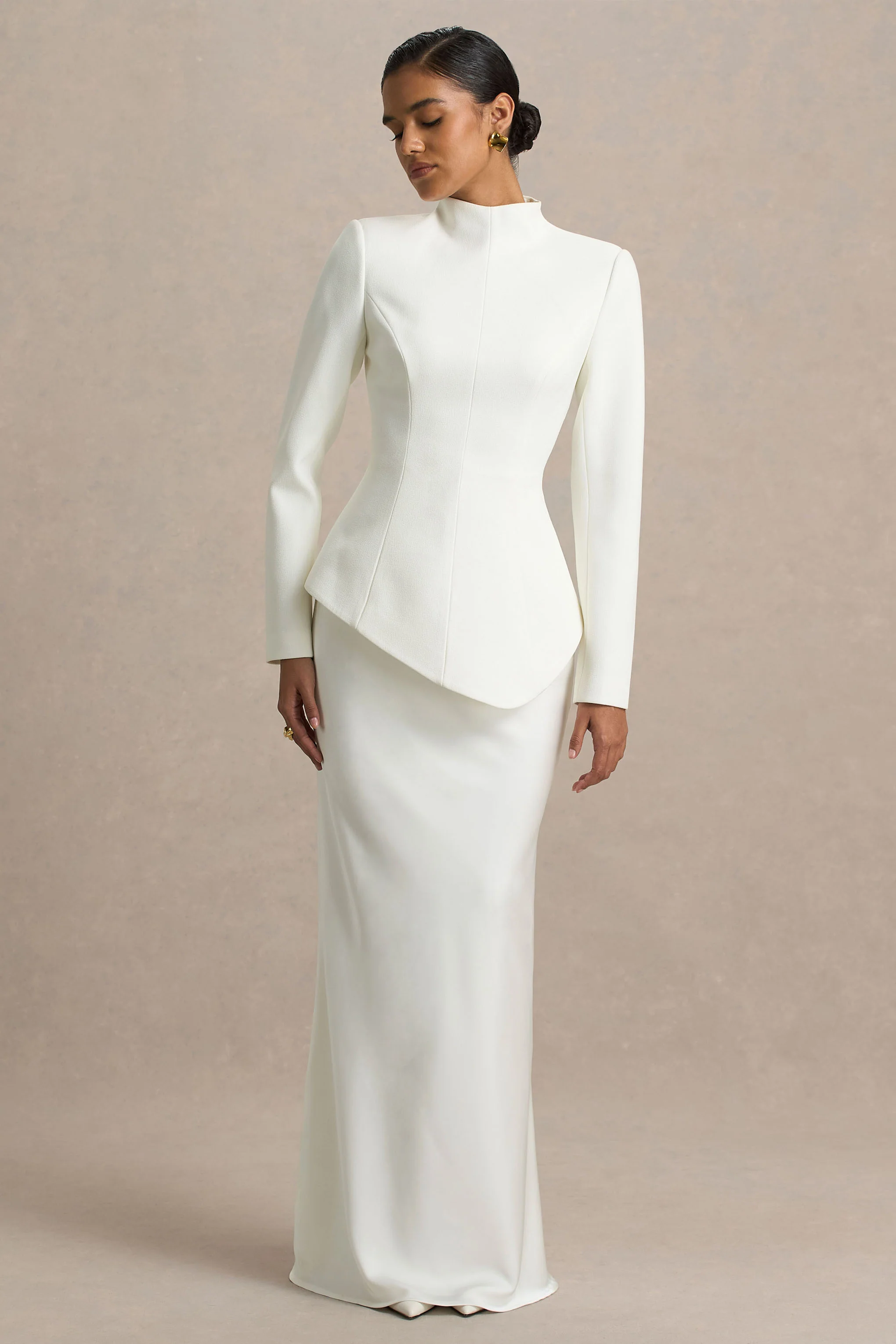 Pepita | Cream High-Neck Tailored Maxi Dress With Drop-Waist And Satin Skirt