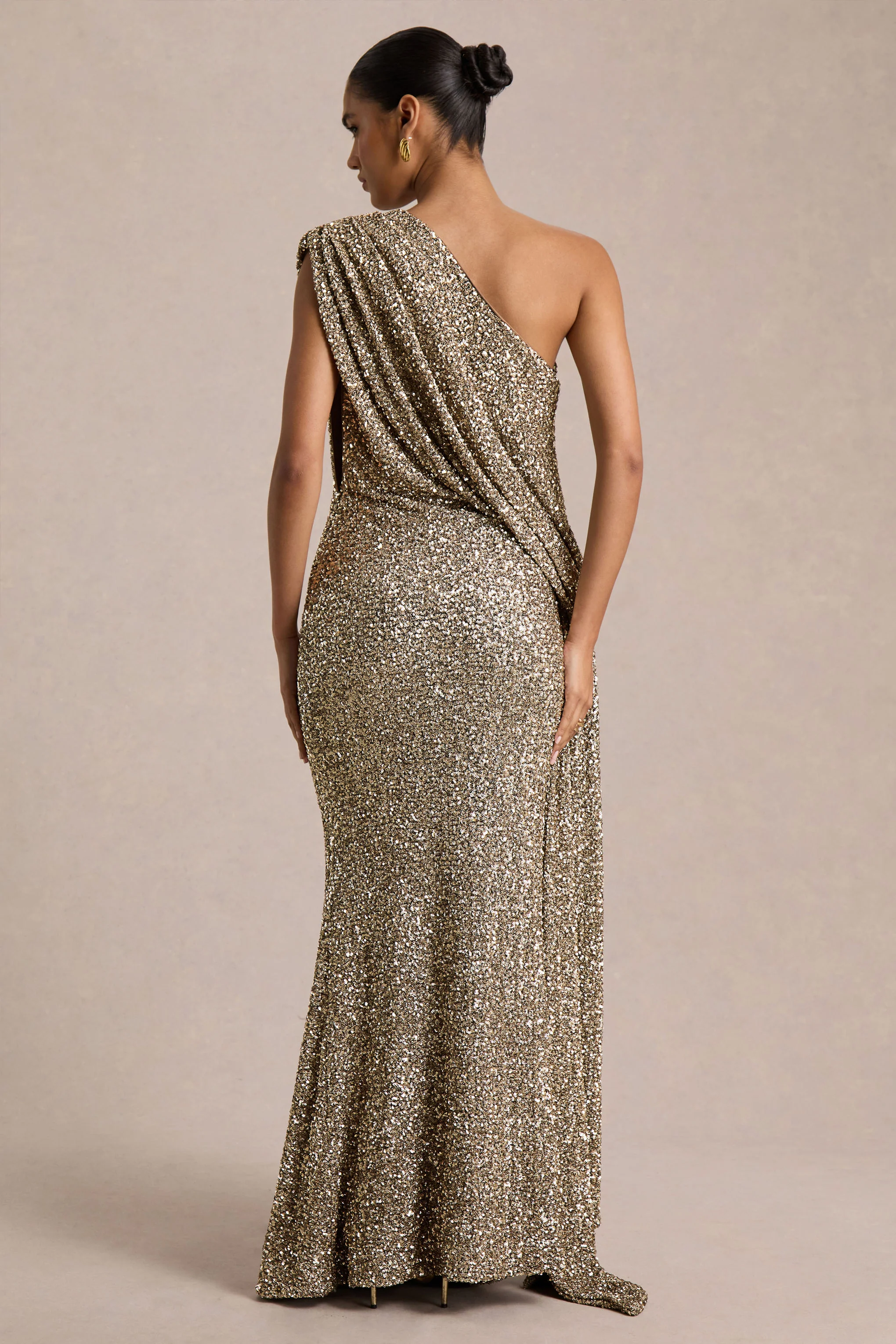 Liori | Champagne Sequin Asymmetric-Neck Maxi Dress With Sash