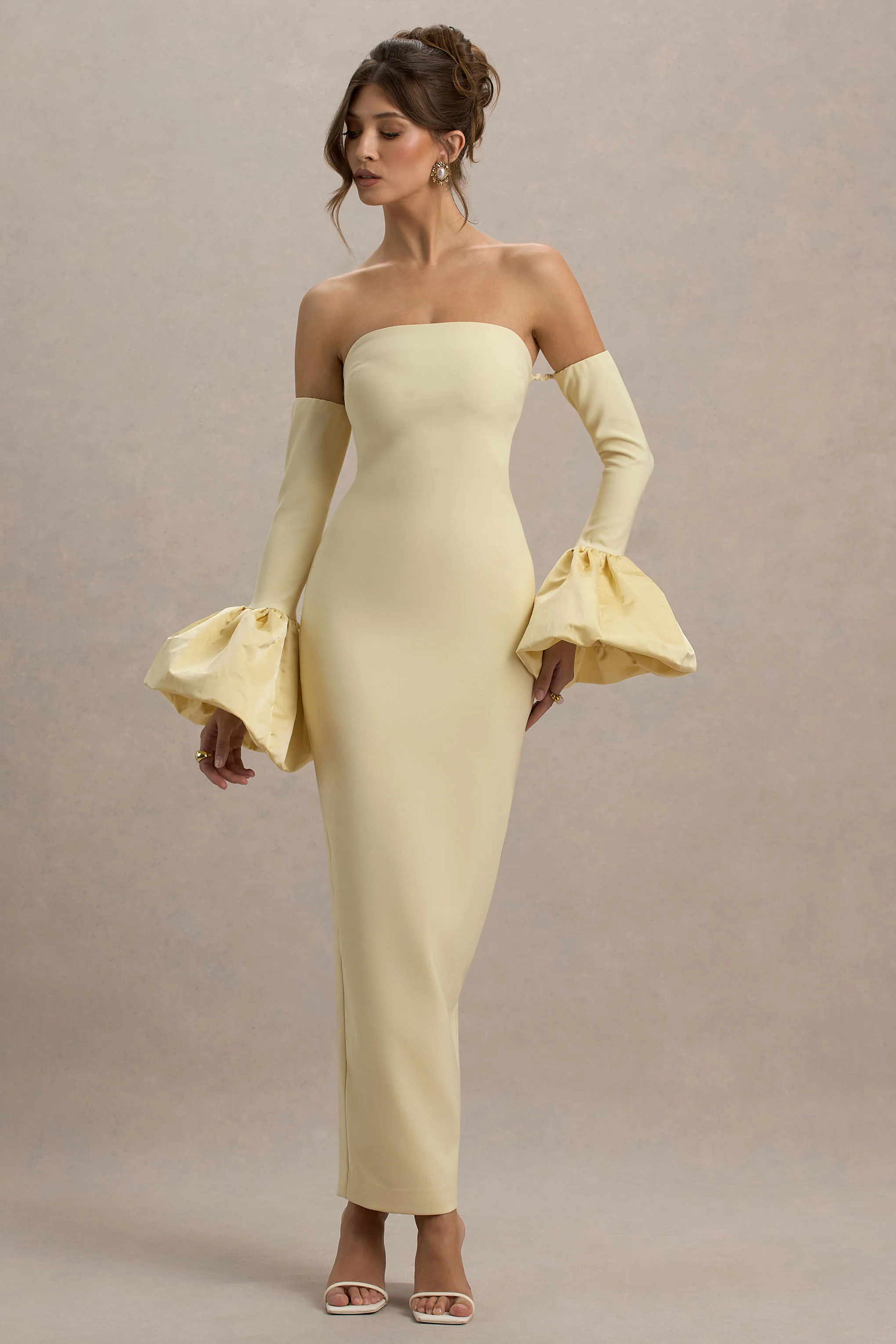 Myah | Lemon Bandeau Long-Sleeve Maxi Dress With Puff Cuffs