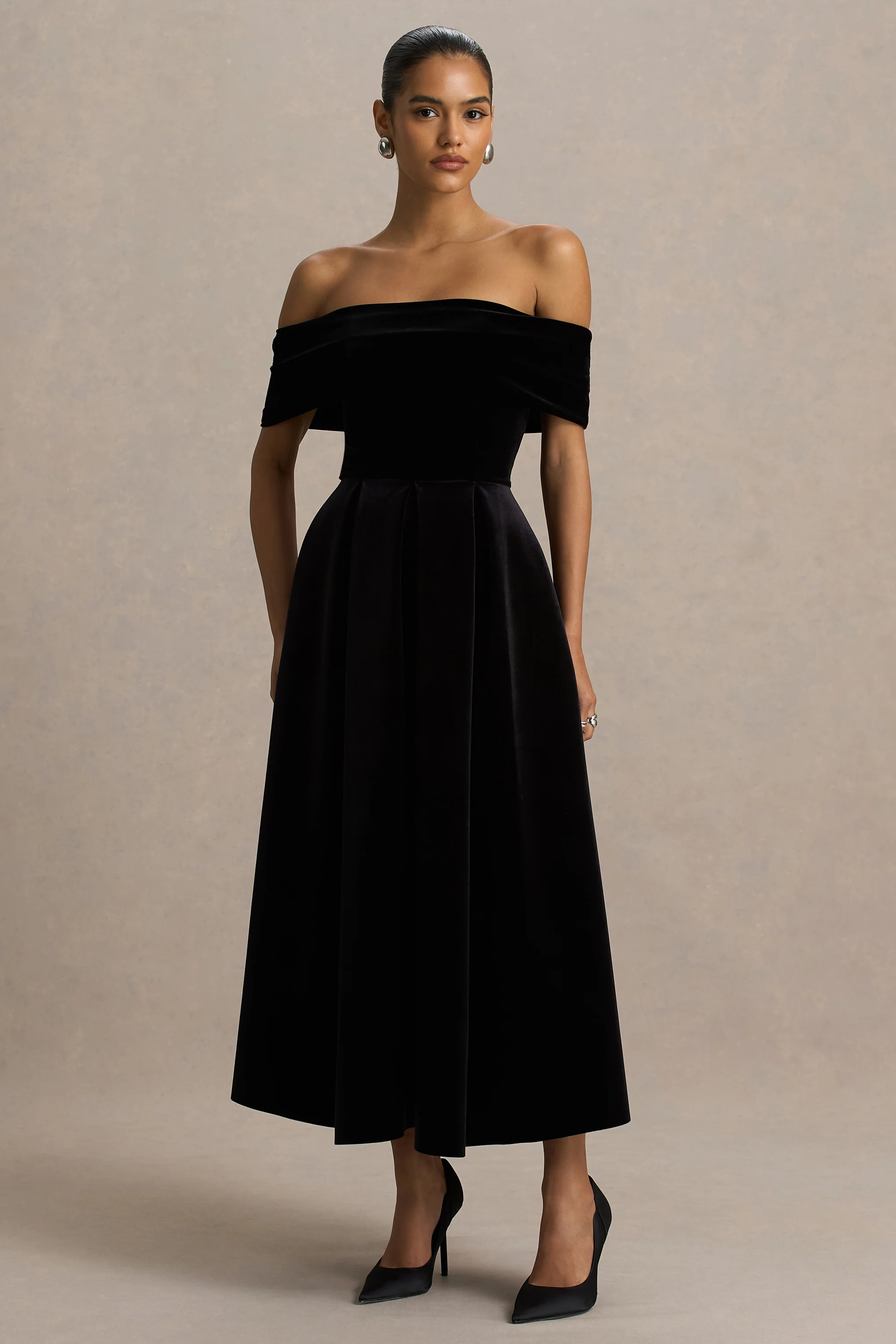 Ablaze | Black Velvet Bardot-Neck Maxi Dress