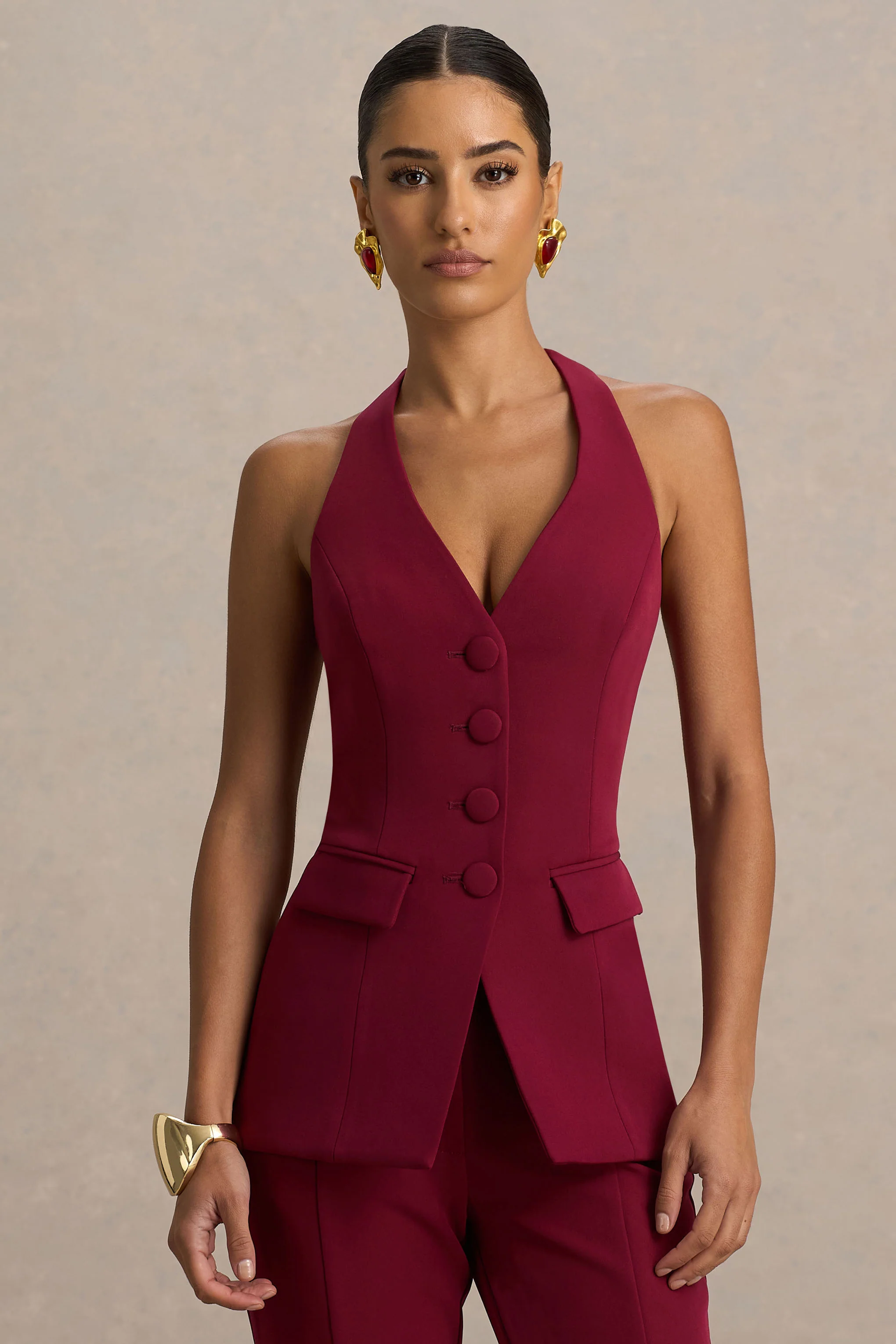 Tecla | Burgundy Button-Up Tailored Waistcoat
