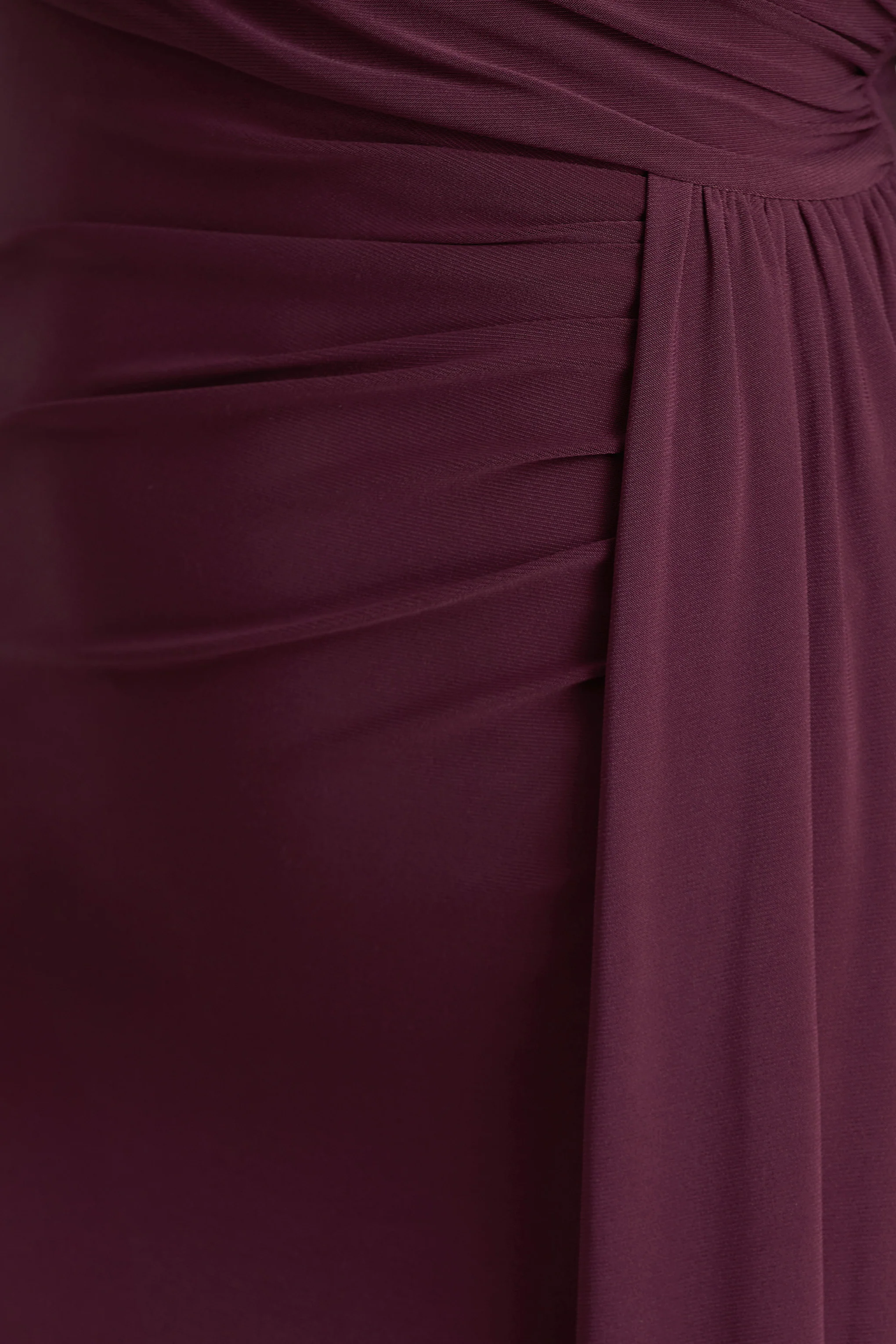 Anticipation | Burgundy High-Neck Maxi Dress With Front Split And Ruched Detailing