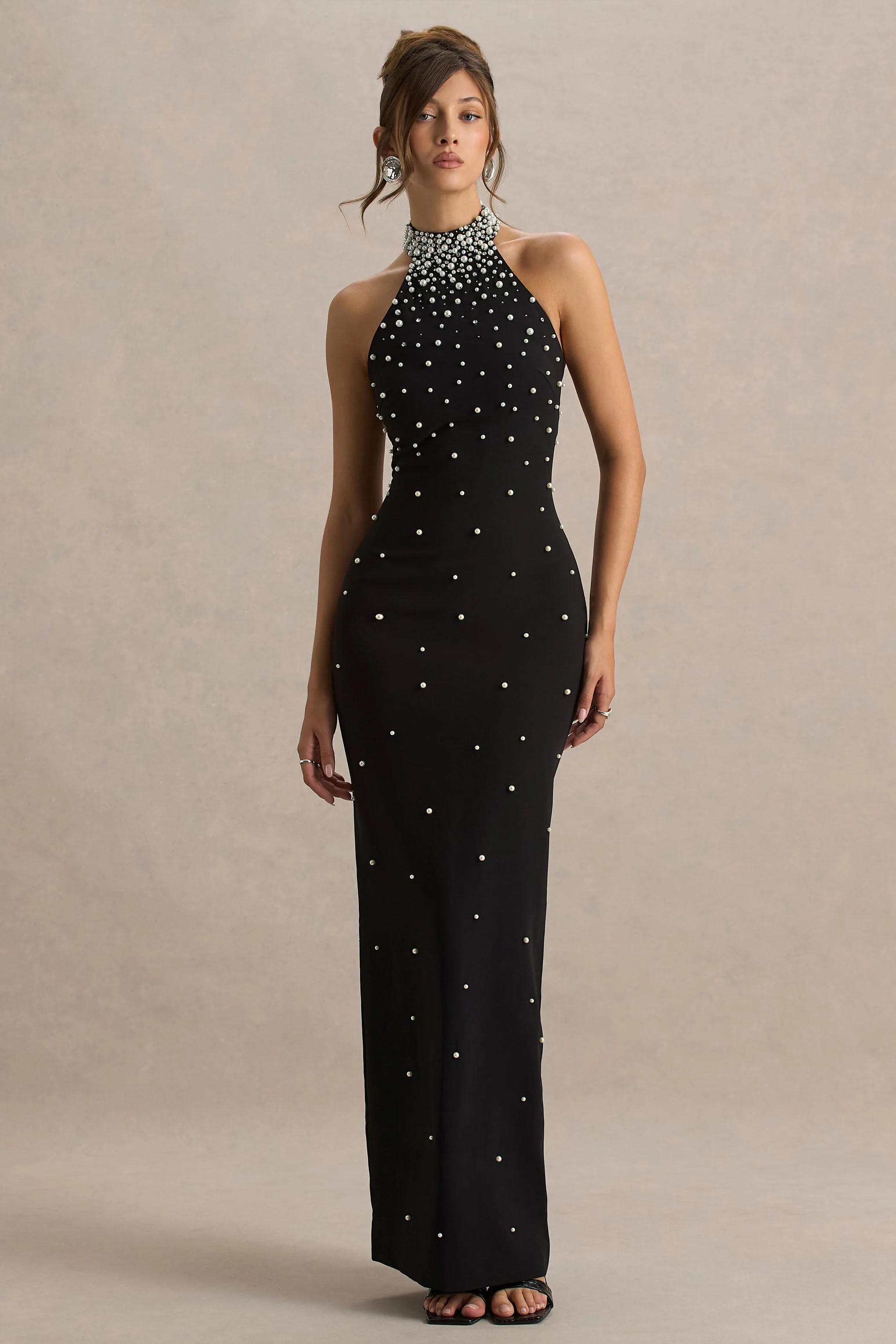 Dani | Black Hand-Embellished Halter-Neck Maxi Dress
