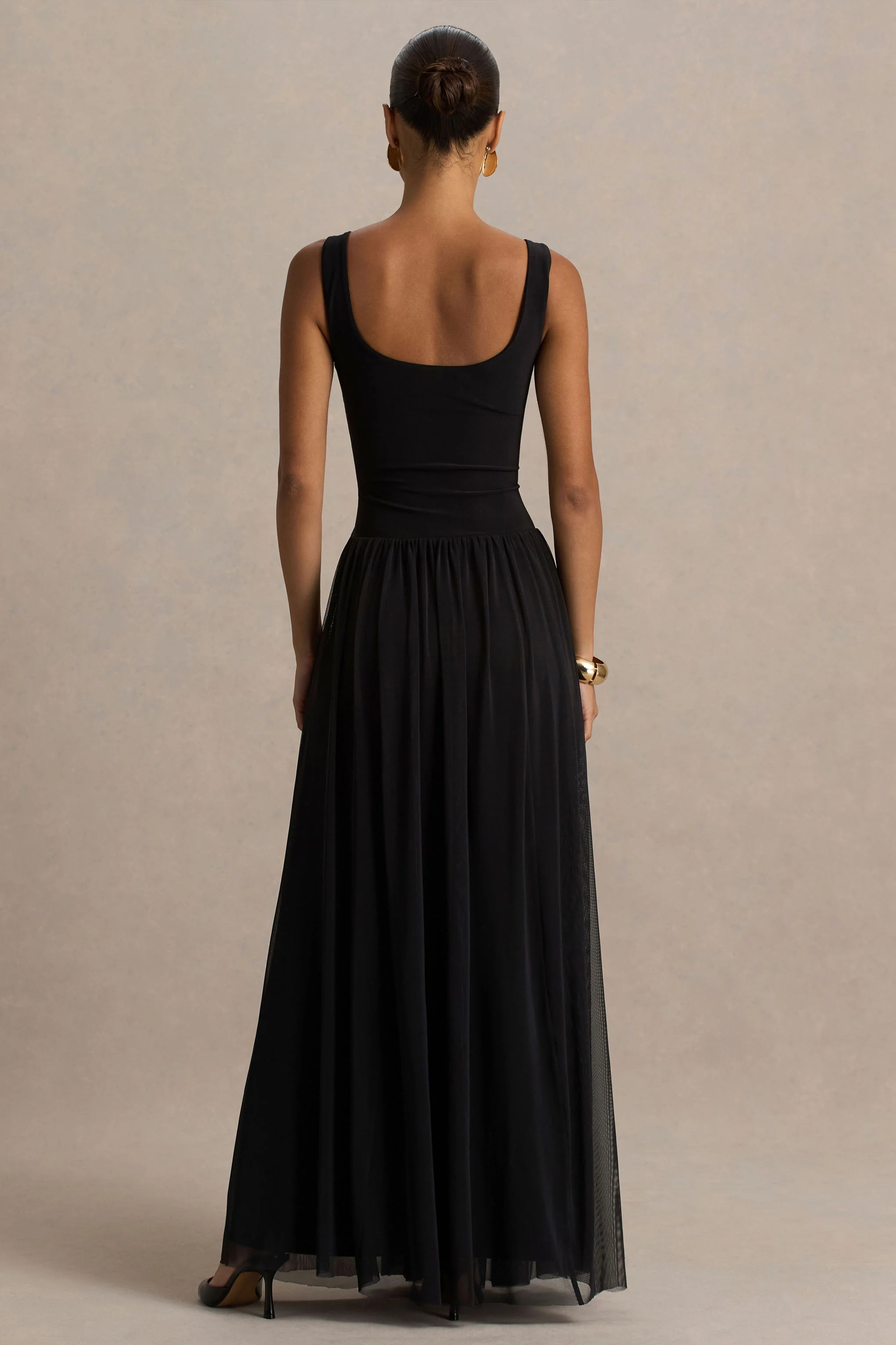 Amelia | Black Scoop-Neck Maxi Dress With Drop Waist And Pleating