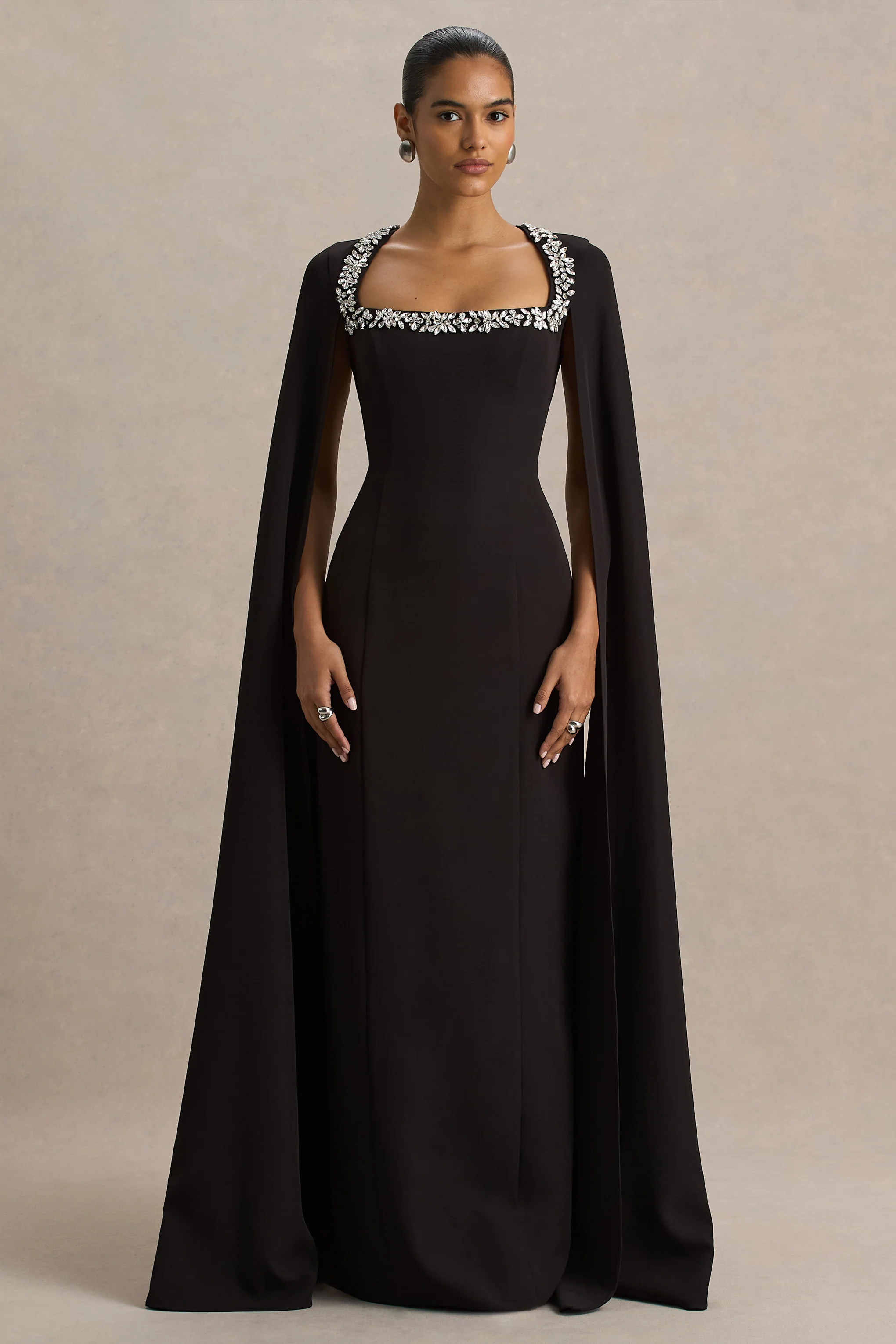 Glossy | Black Woven Square-Neck Maxi Dress With Cape Sleeves and Hand-Embellished Detail