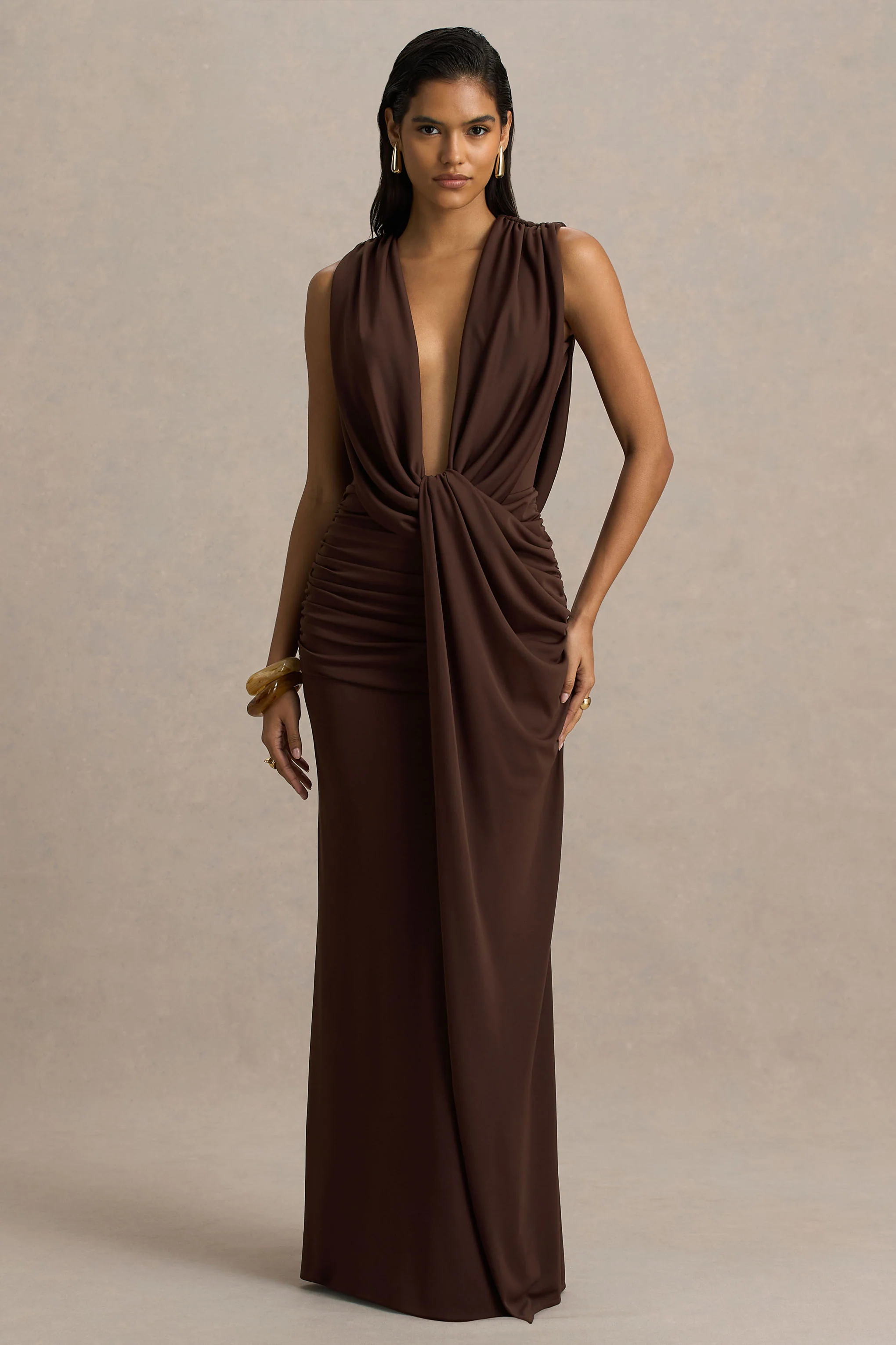 Serafina | Chocolate Extreme-Plunge Neck Maxi Dress With Wrap And Ruched Details