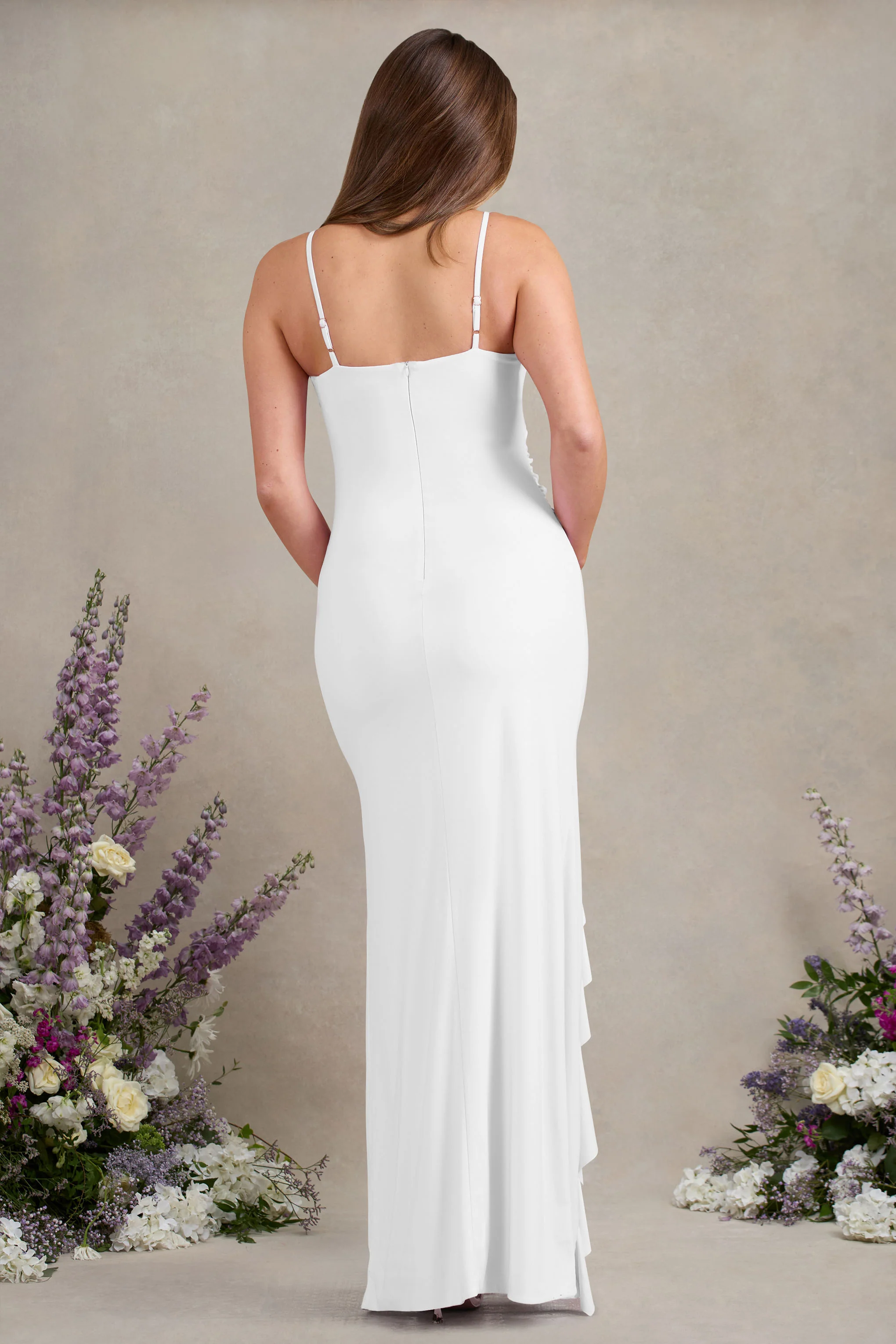 Susan | White Maternity Bandeau Ruffle Maxi Dress With Thigh Splits