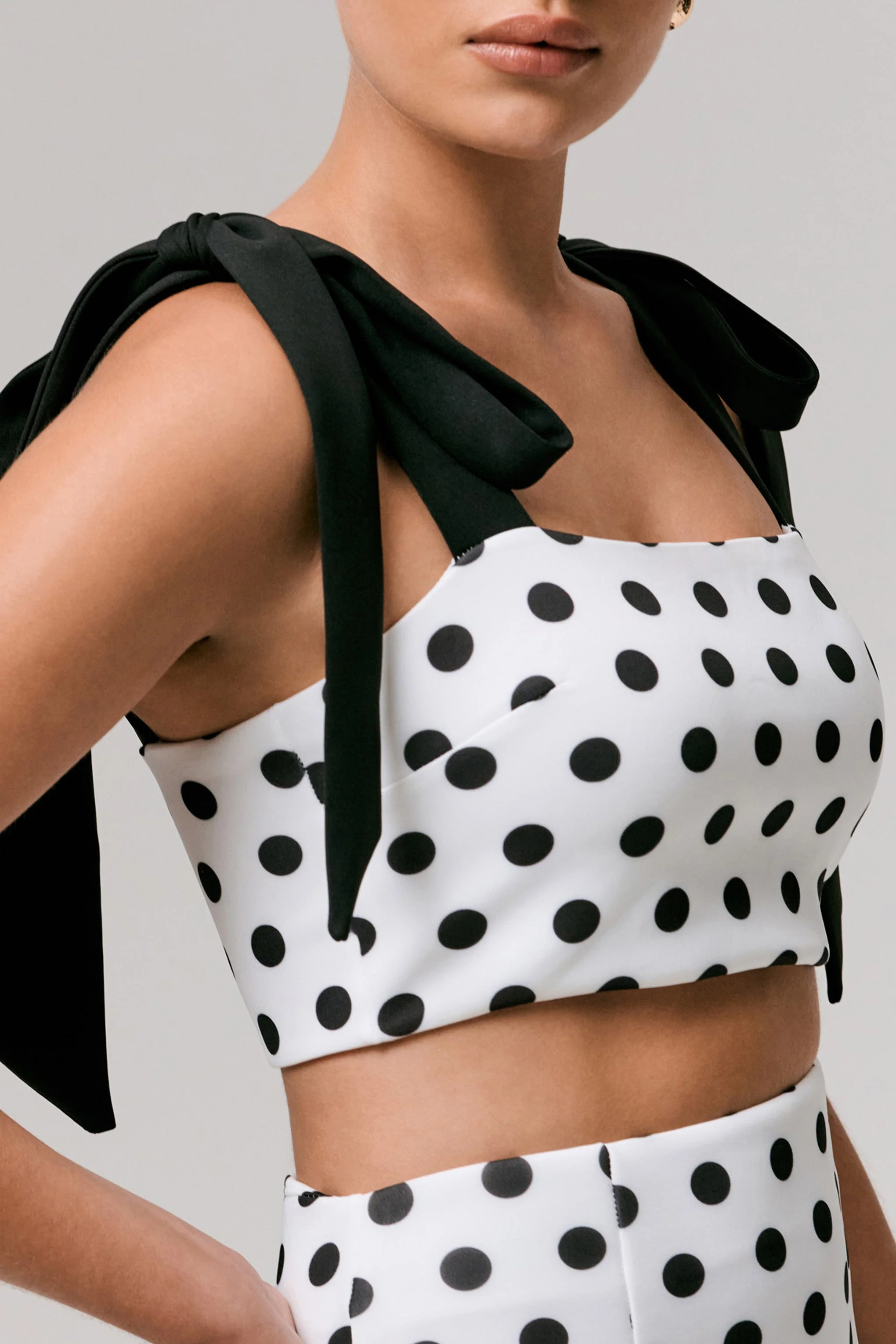 Phoebe | Black & White Polka Dot Crop Top With Tie Straps Tie