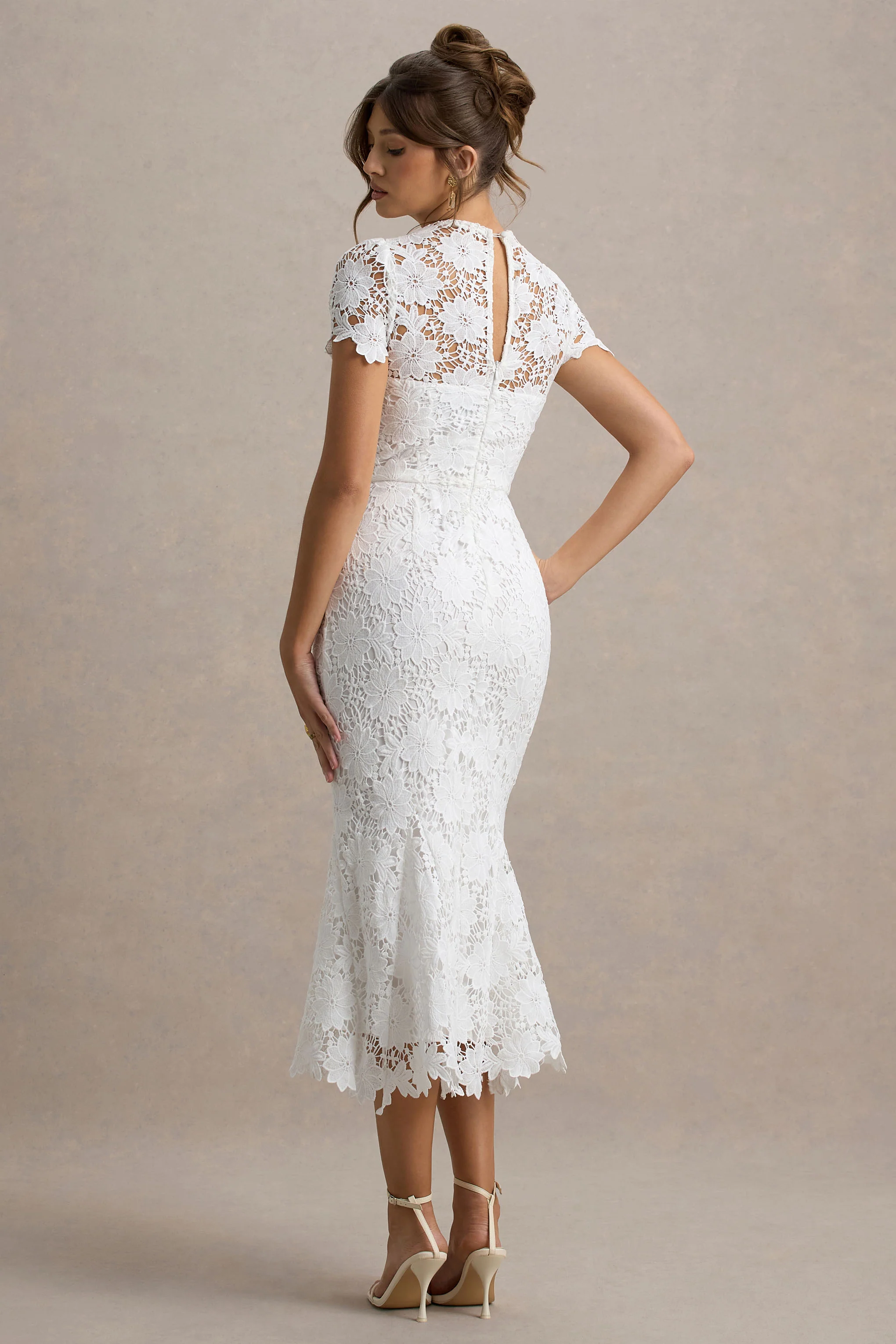 Clarissa | White Lace Short-Sleeve Pleated Midi Dress
