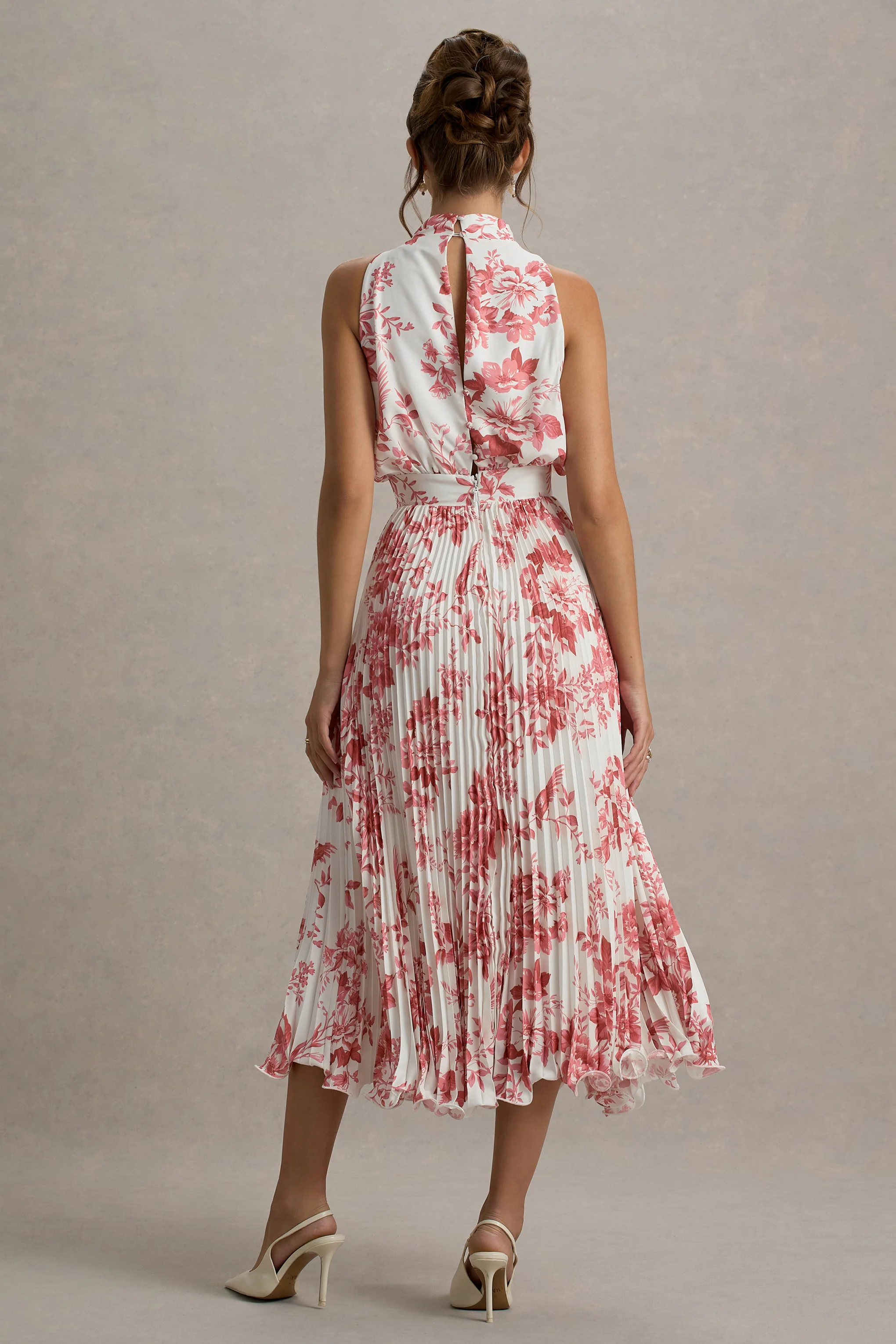 Nila | Pink Porcelain Print Cowl-Neck Midi Dress With Plisse Skirt