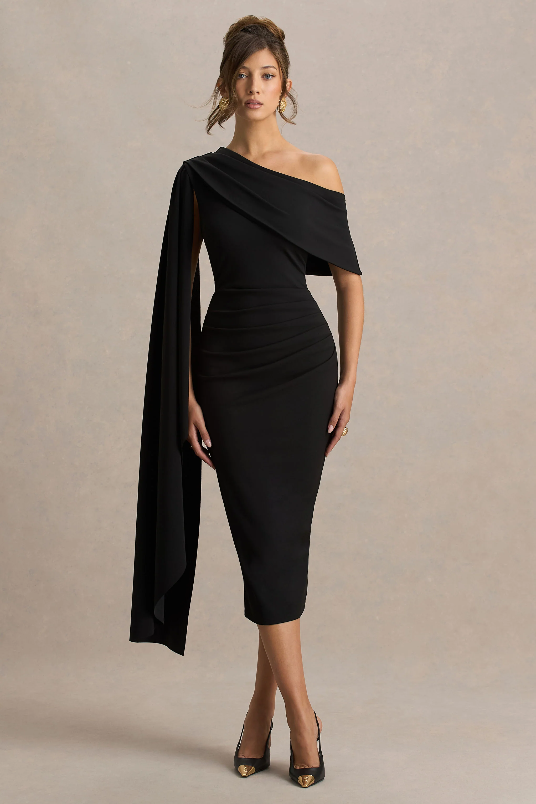 Leah | Black Asymmetric-Neck Midi Dress With Cape-Sleeve And Draped Detailing