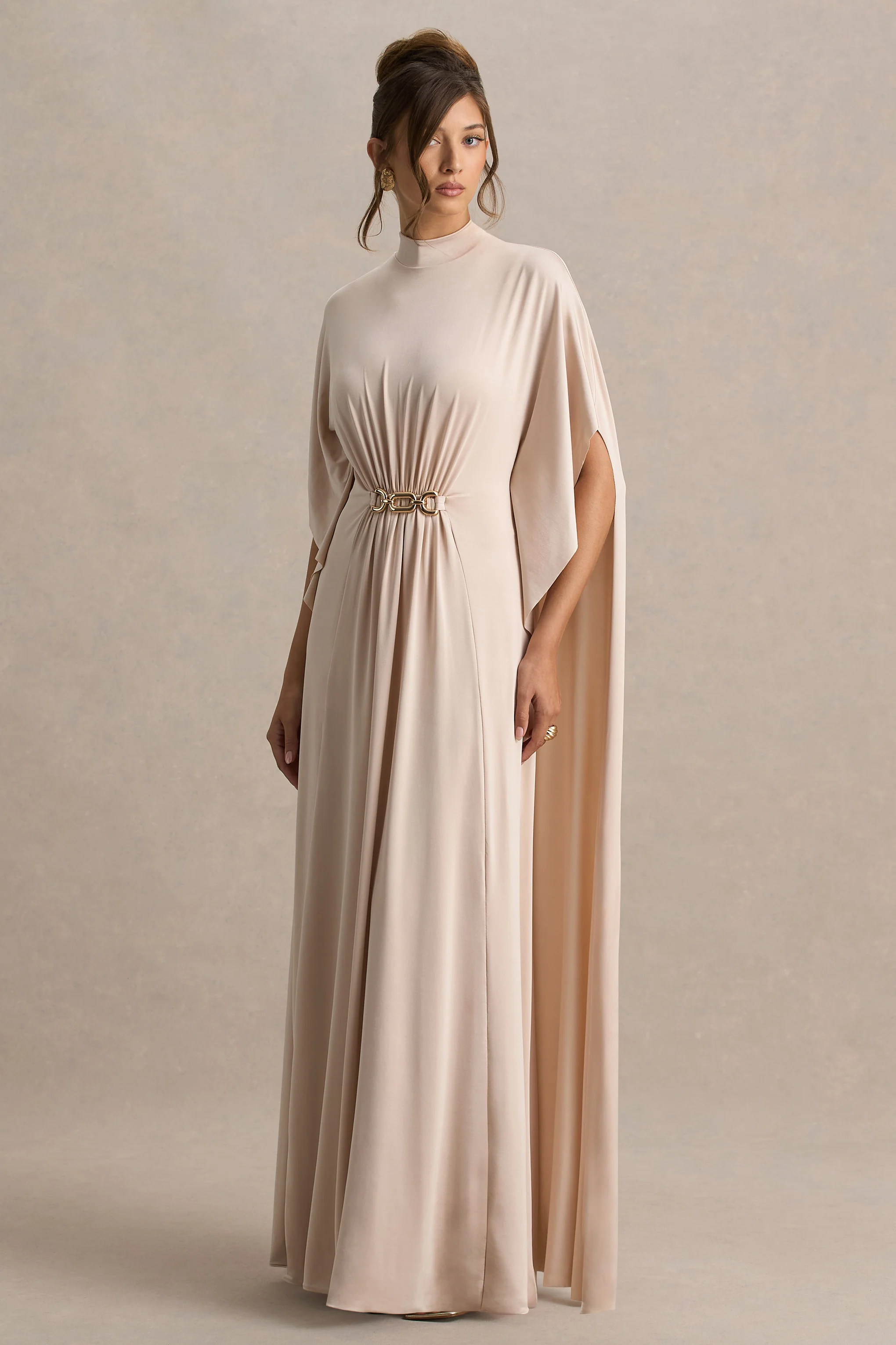 Olessia | Champagne Belted Gathered Cape-Sleeve Maxi Dress