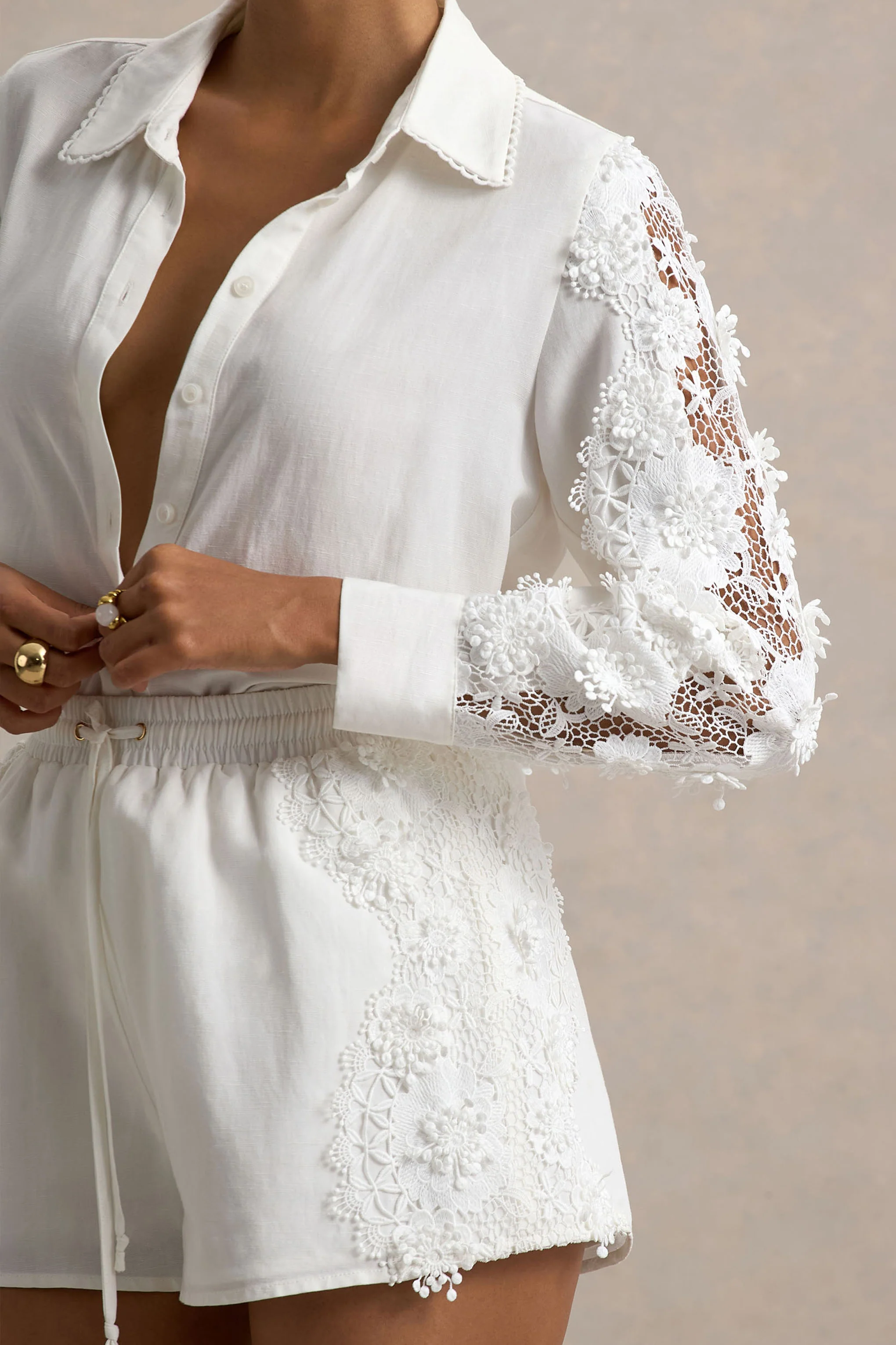 Coconut | Ecru Linen Button-Up Shirt With Lace Detail