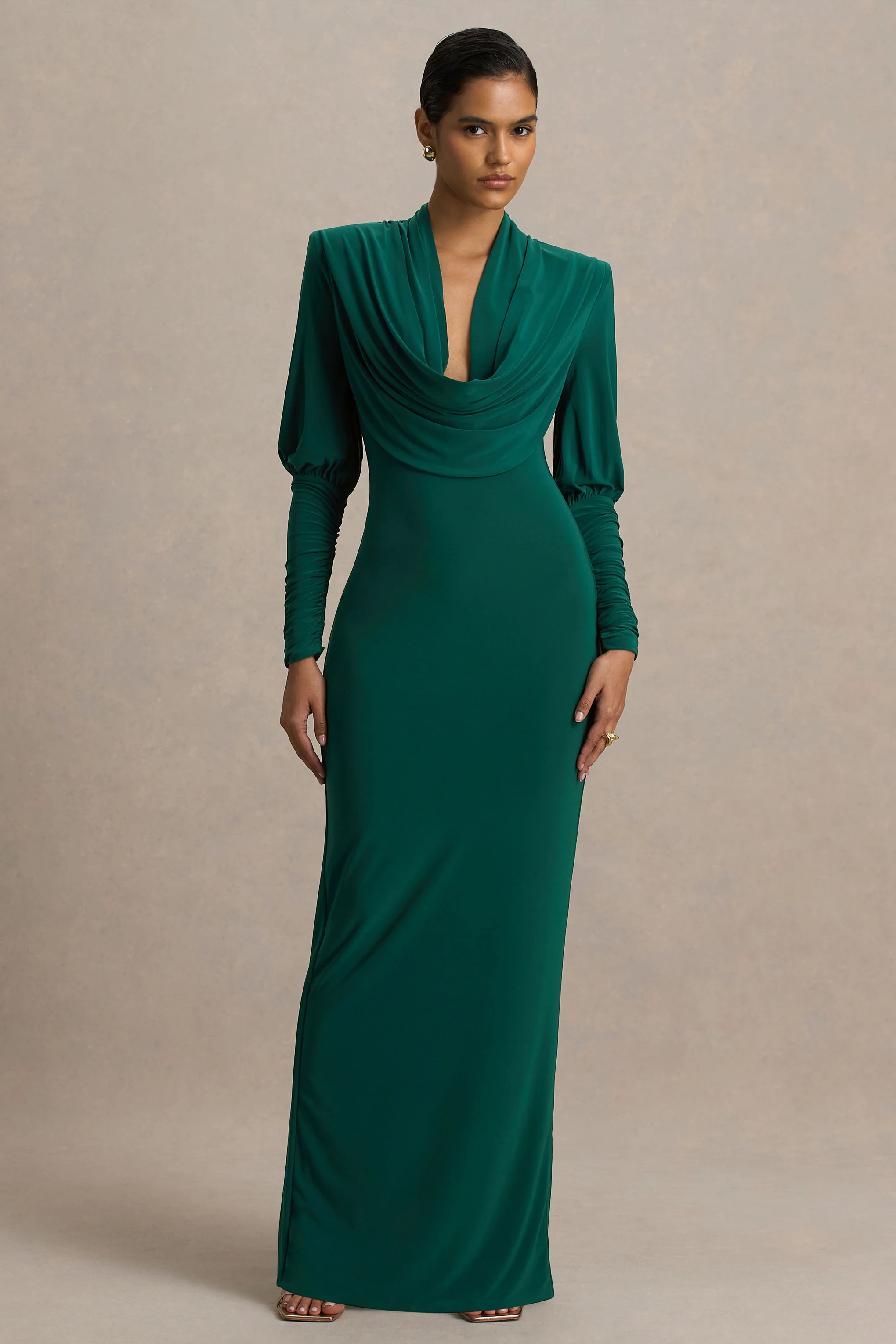 Kaylee | Bottle Green Cowl-Neck Maxi Dress With Draping Details