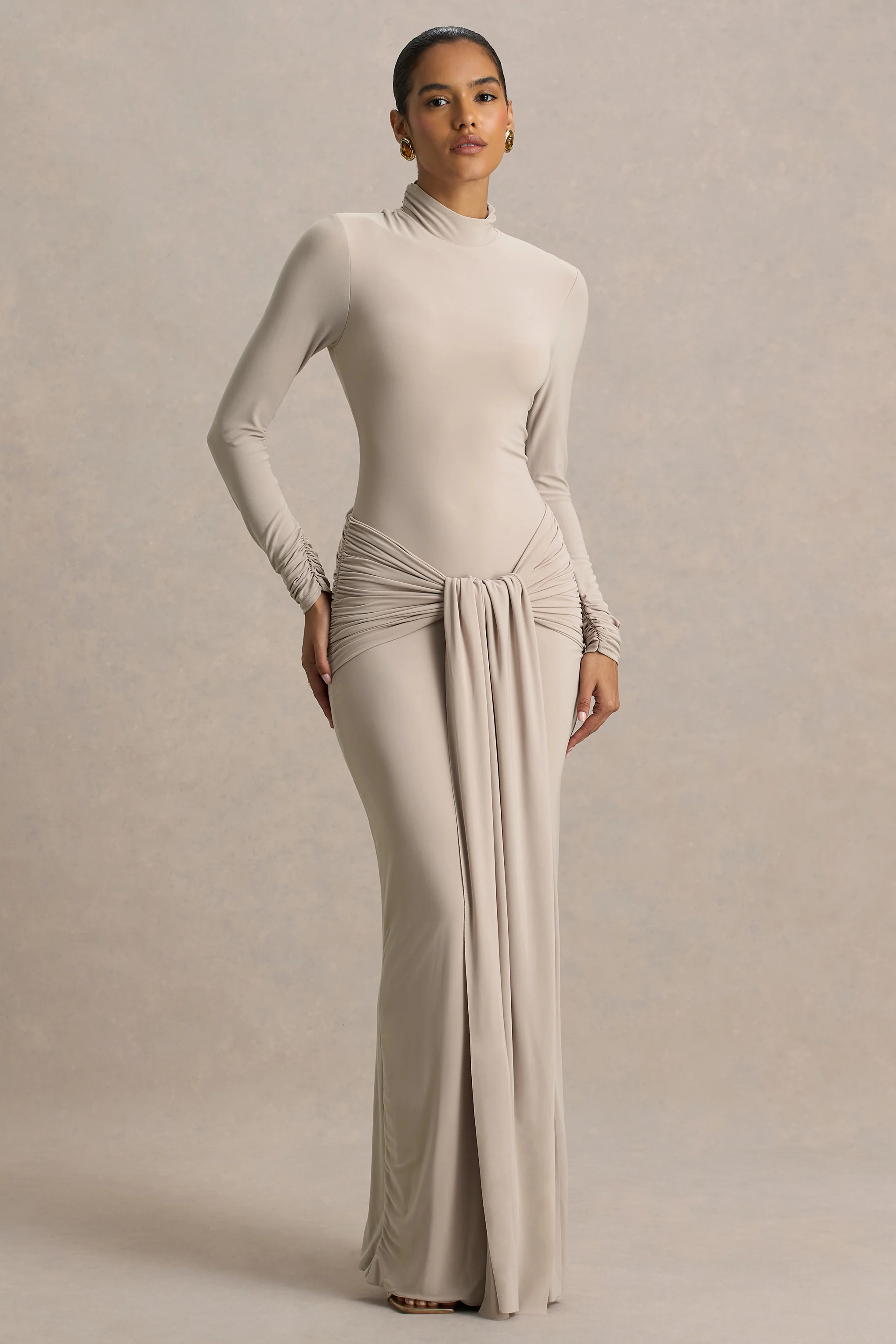 Myra | Champagne High-Neck Maxi Dress With Sash and Ruched Detailing