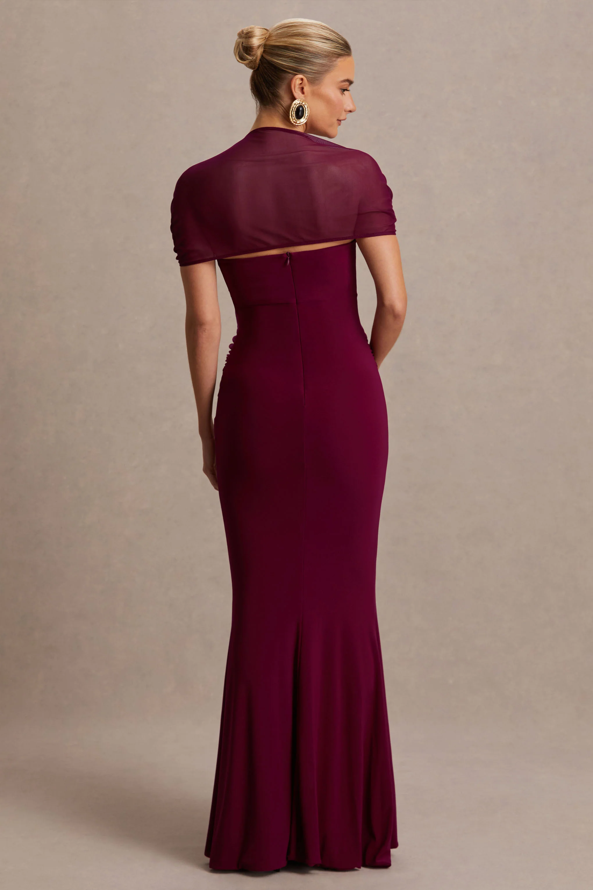 Dome | Burgundy Square-Neck Mesh-Sleeve Maternity Maxi Dress