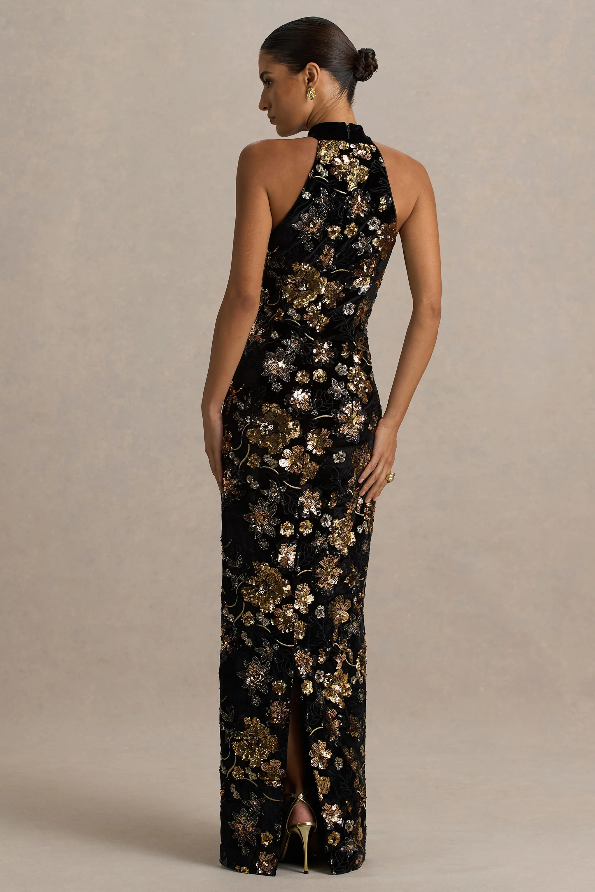 Tate | Black Velvet Halter-Neck Maxi Dress With Bronze Floral Sequin