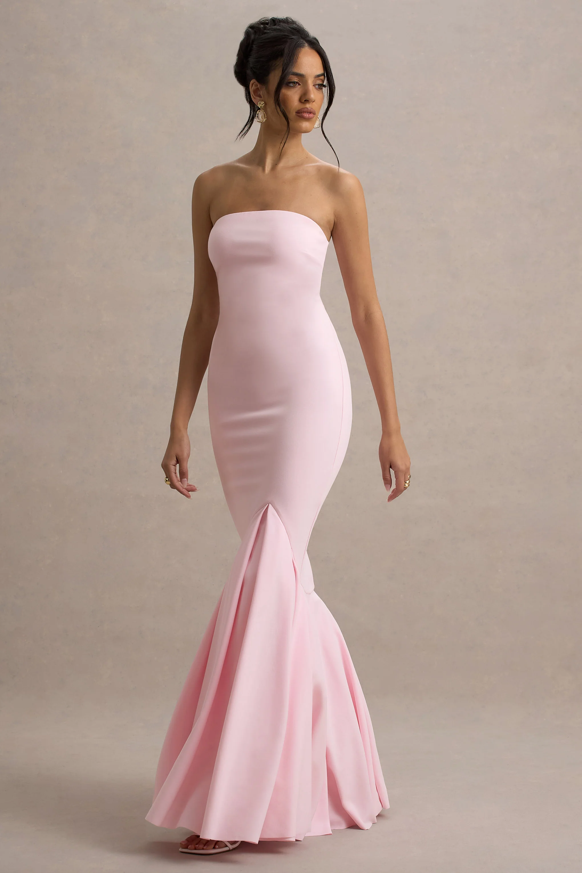 Angela | Pink Bandeau Fishtail Maxi Dress