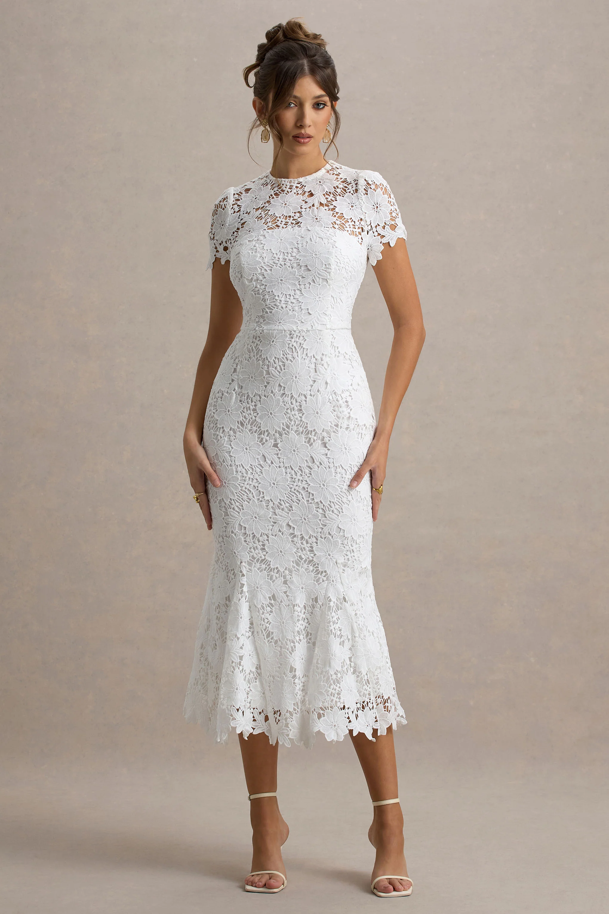 Clarissa | White Lace Short-Sleeve Pleated Midi Dress