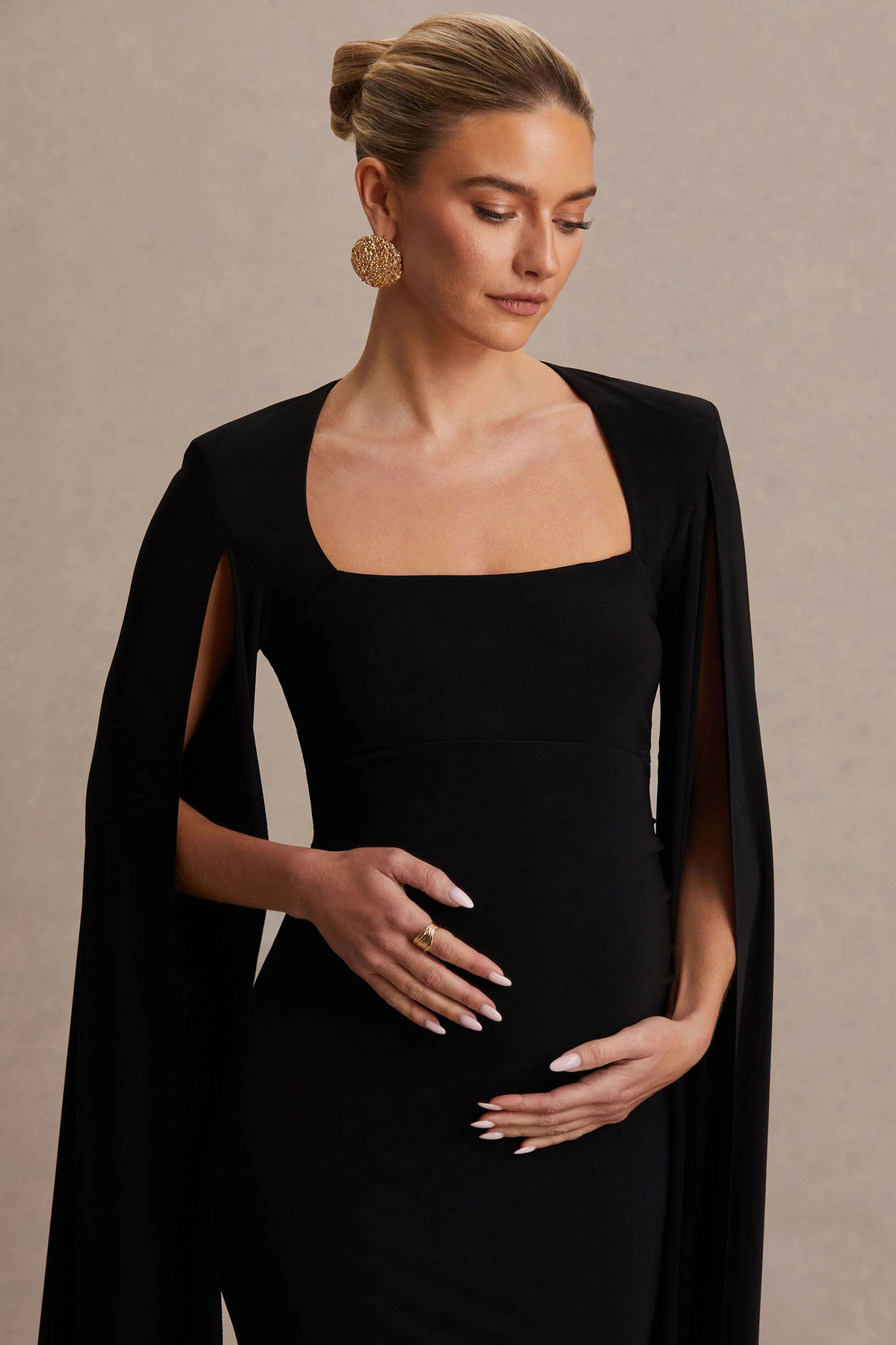 Flawless | Black Square-Neck Maternity Midi Dress With Cape-Sleeves