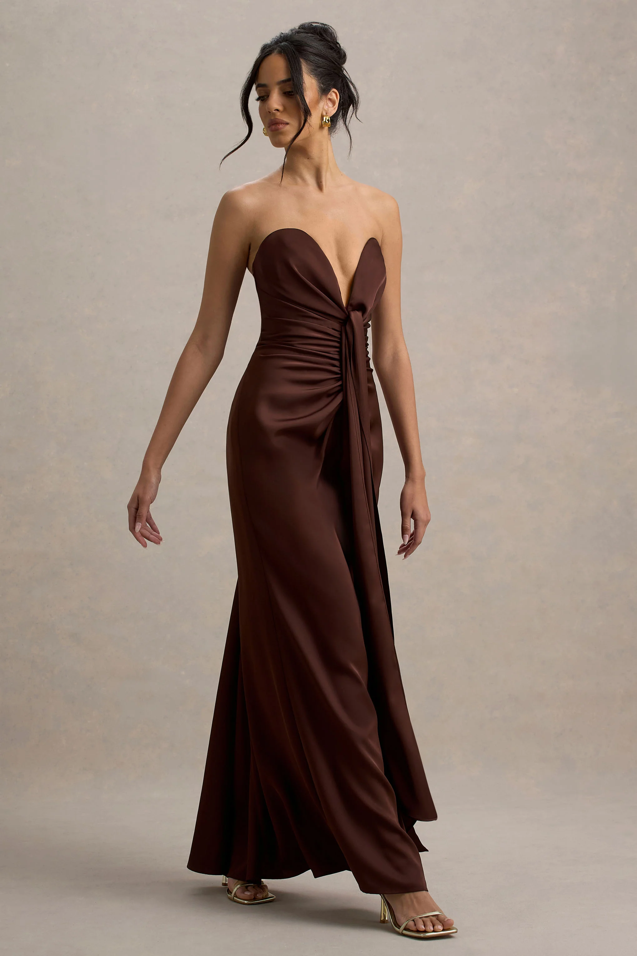 Mackenzie | Brown Satin Plunge-Neck Draped Maxi Dress