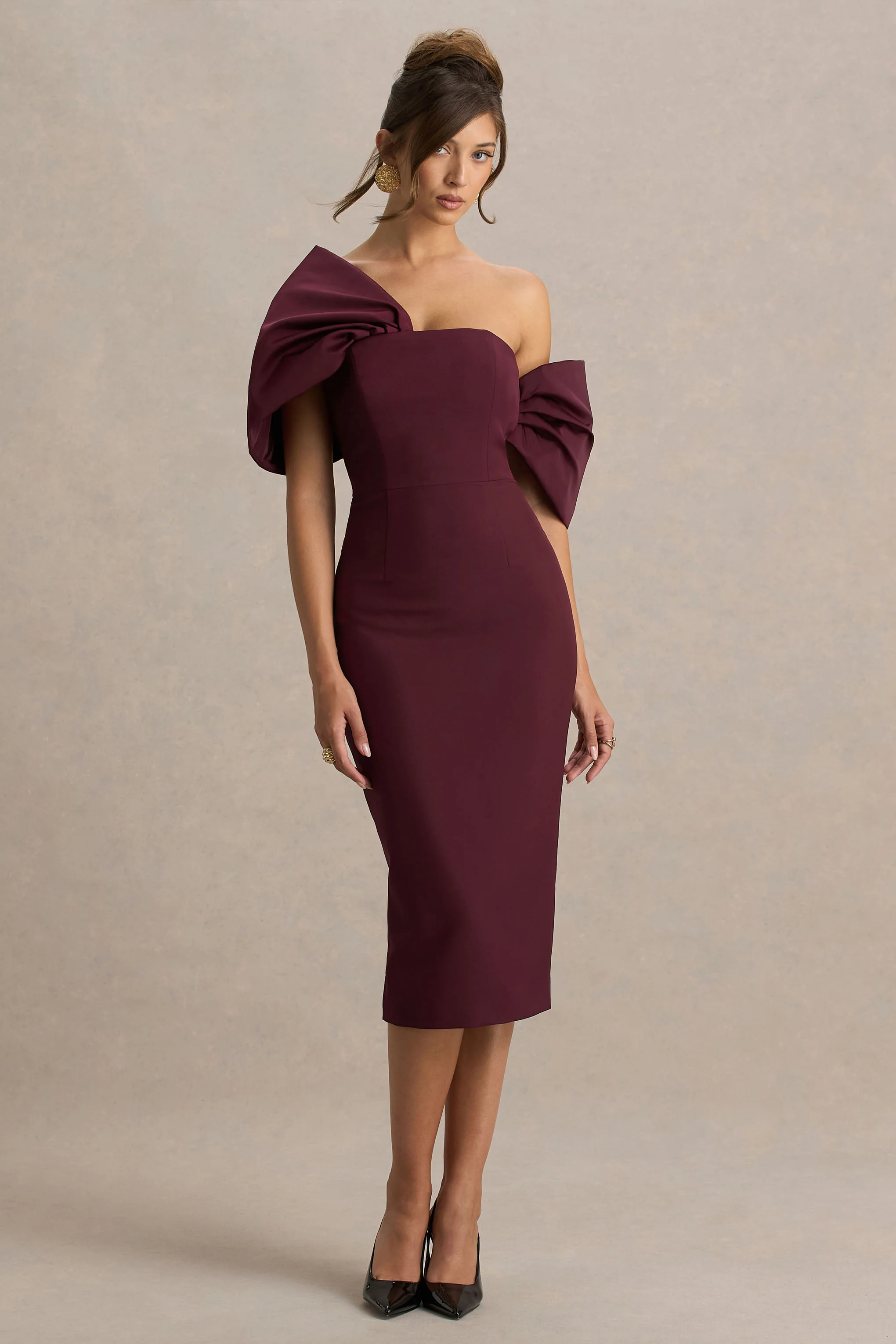 Lucille | Burgundy Asymmetric Bardot Midi Dress