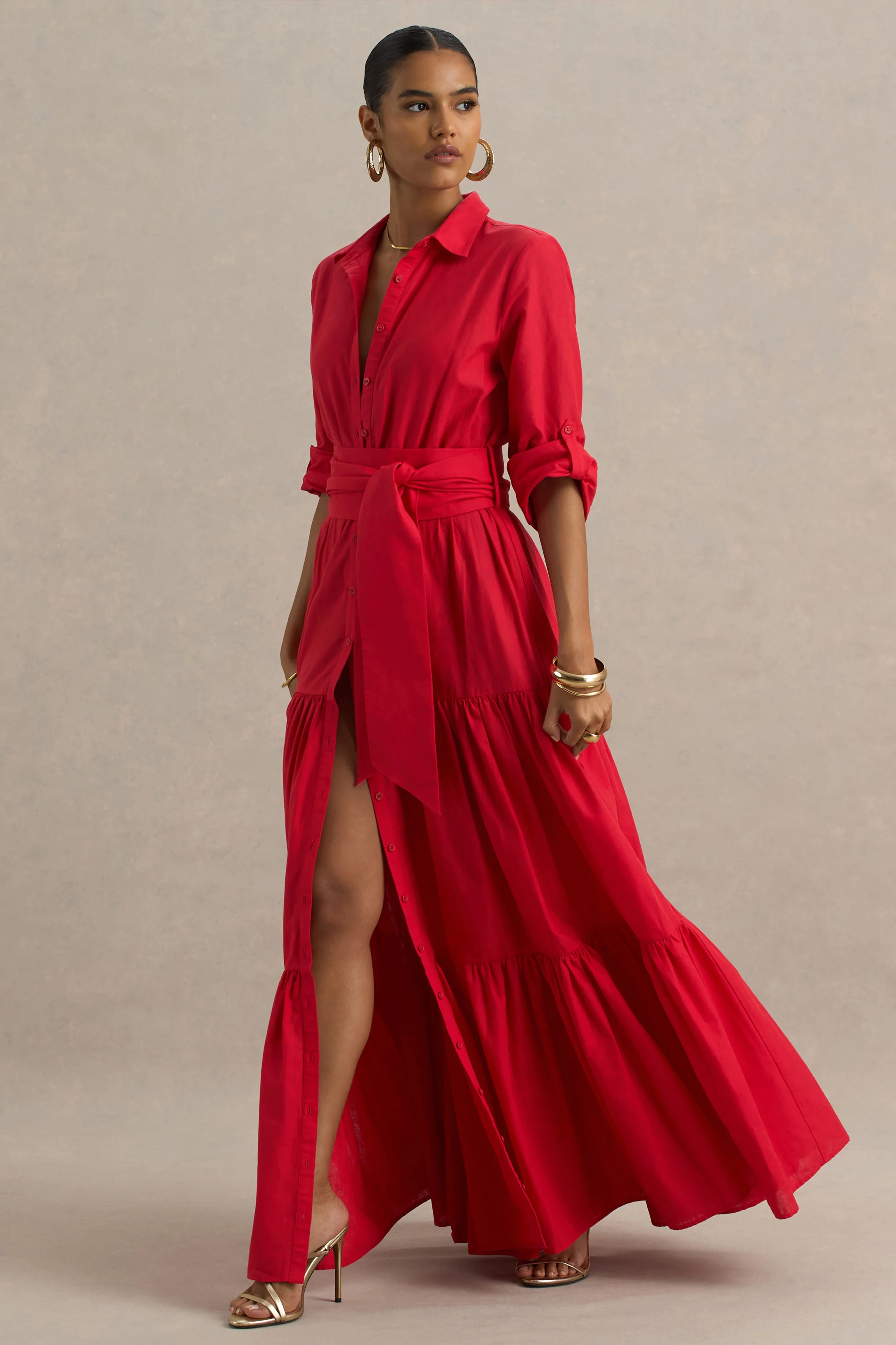 Sydney | Red Belted Maxi Shirt Dress