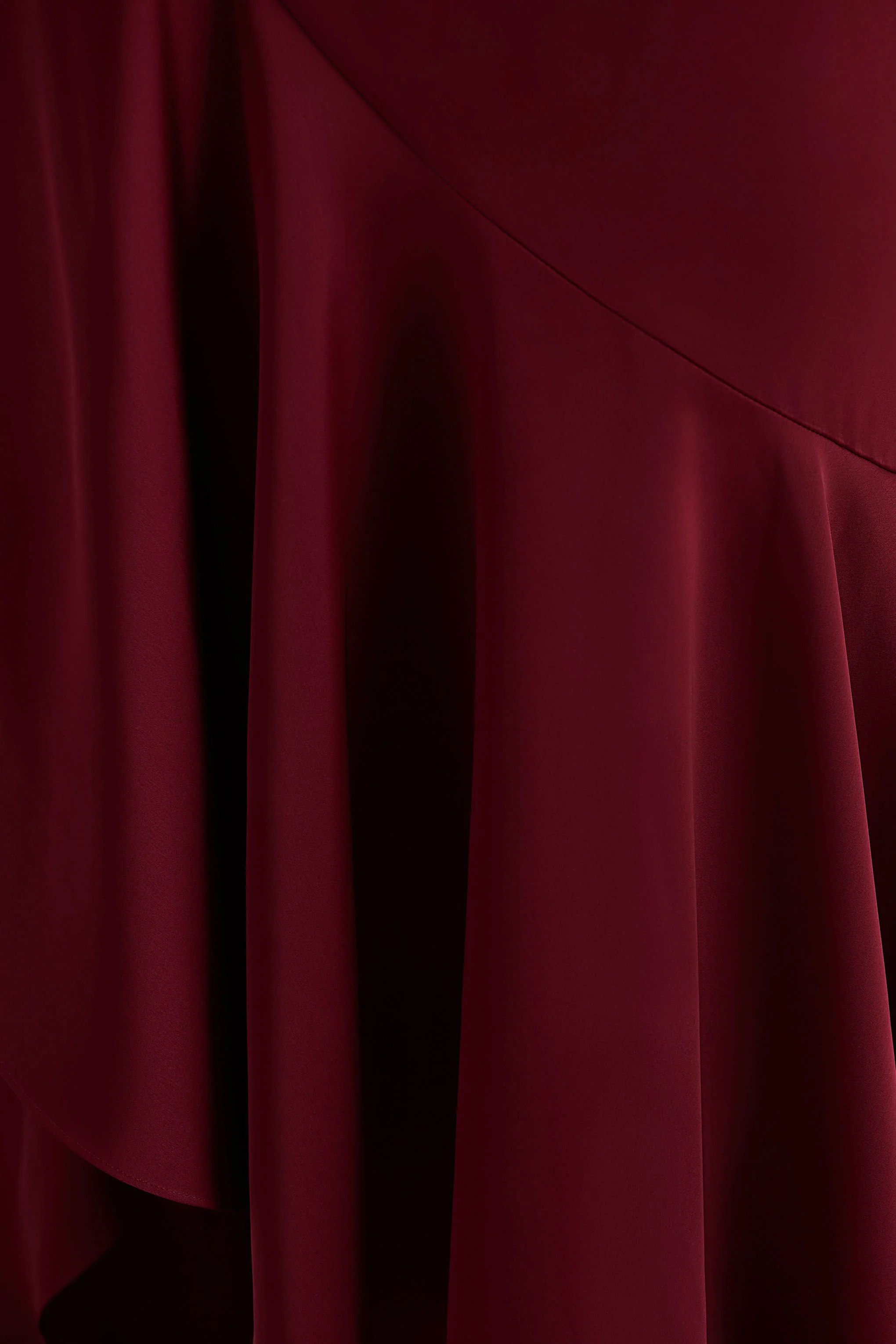 Rosy | Burgundy Satin Boat-Neck Maxi Dress With Front Split And Ruched Detailing