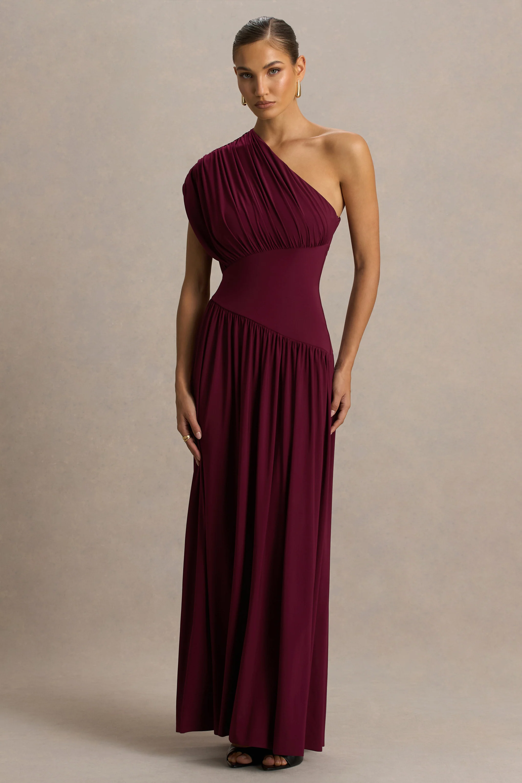 Kelsey | Burgundy Asymmetric-Neck Maxi Dress With Ruched Detailing