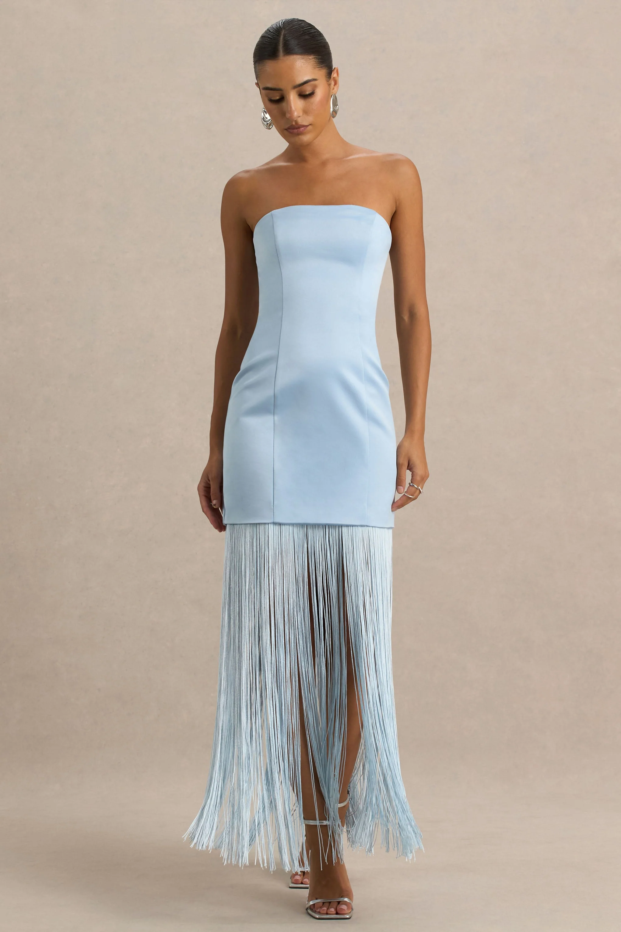 Trinity | Powder Blue Satin Bandeau Maxi Dress With Fringe