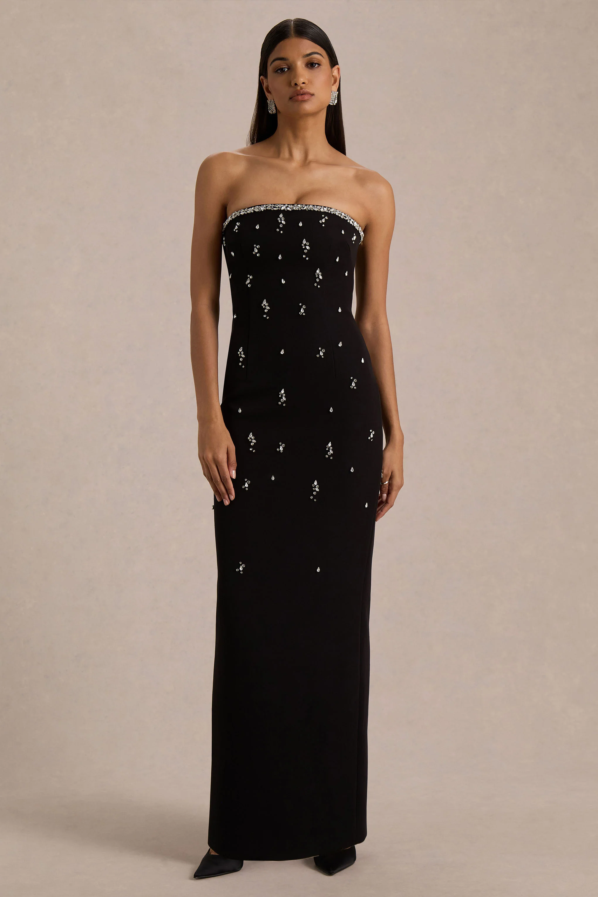 Rominia | Black Bandeau Hand-Embellished Maxi Dress