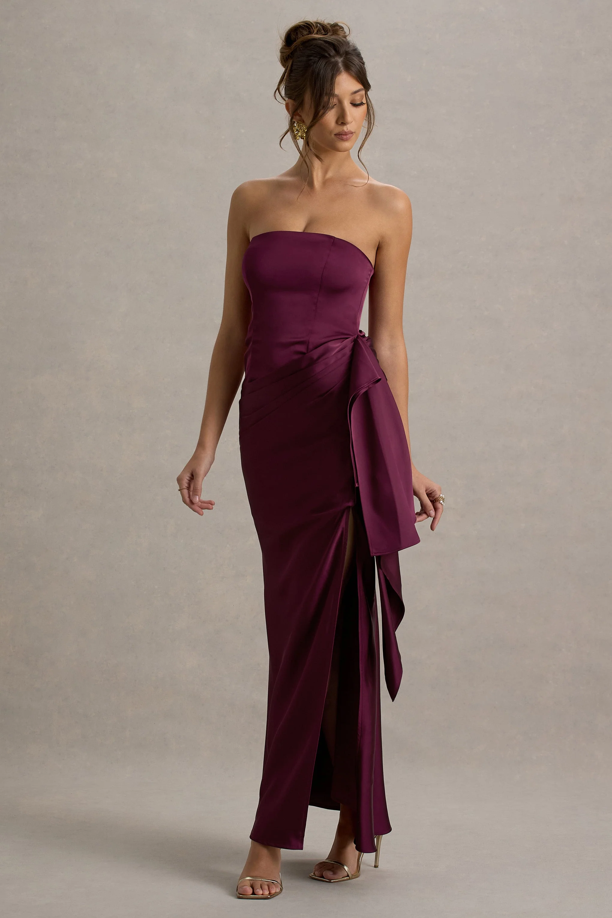 Loz | Burgundy Satin Bandeau Draped Maxi Dress