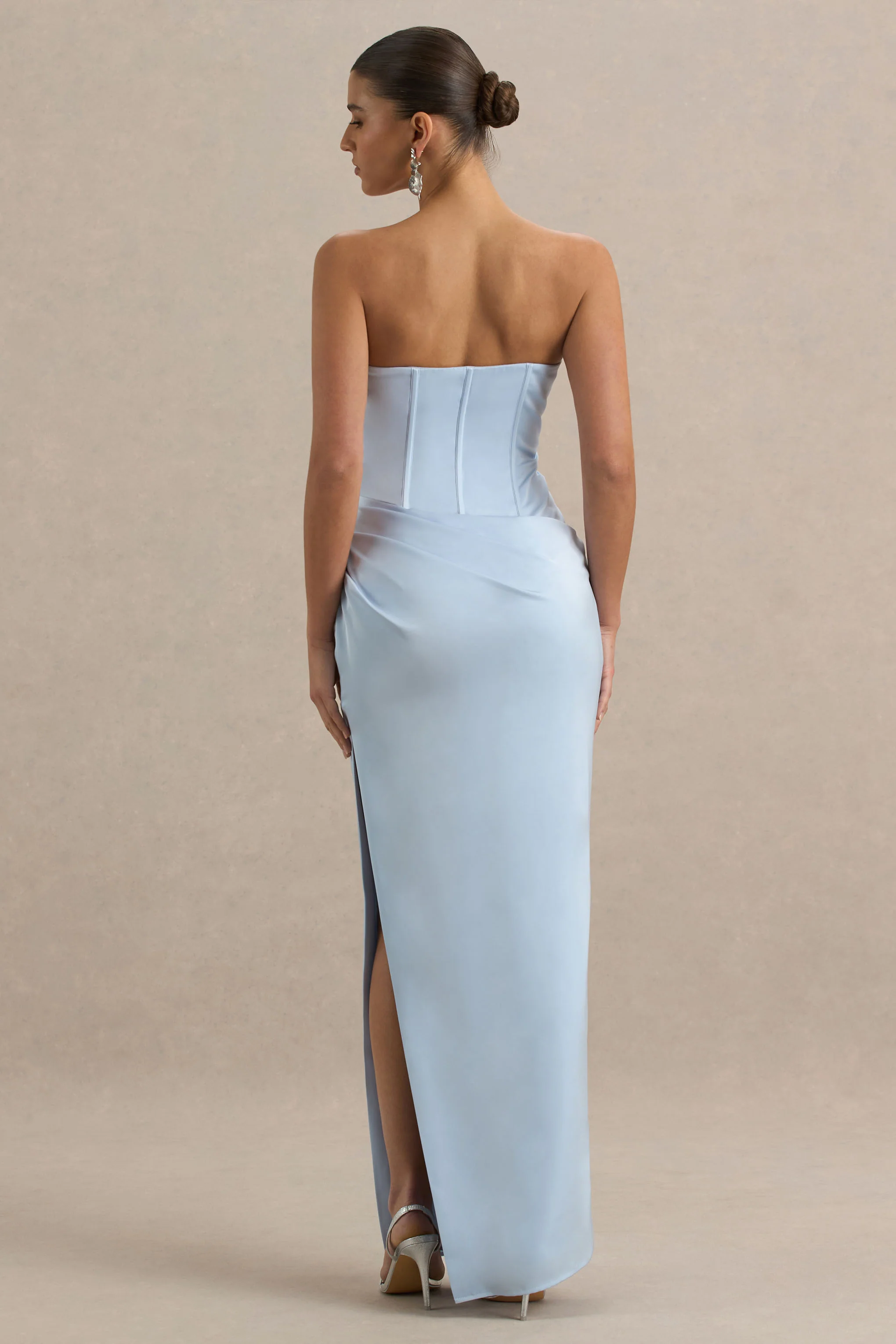 Joseline | Powder Blue Satin Corset Wrap Maxi Dress With Scarf
