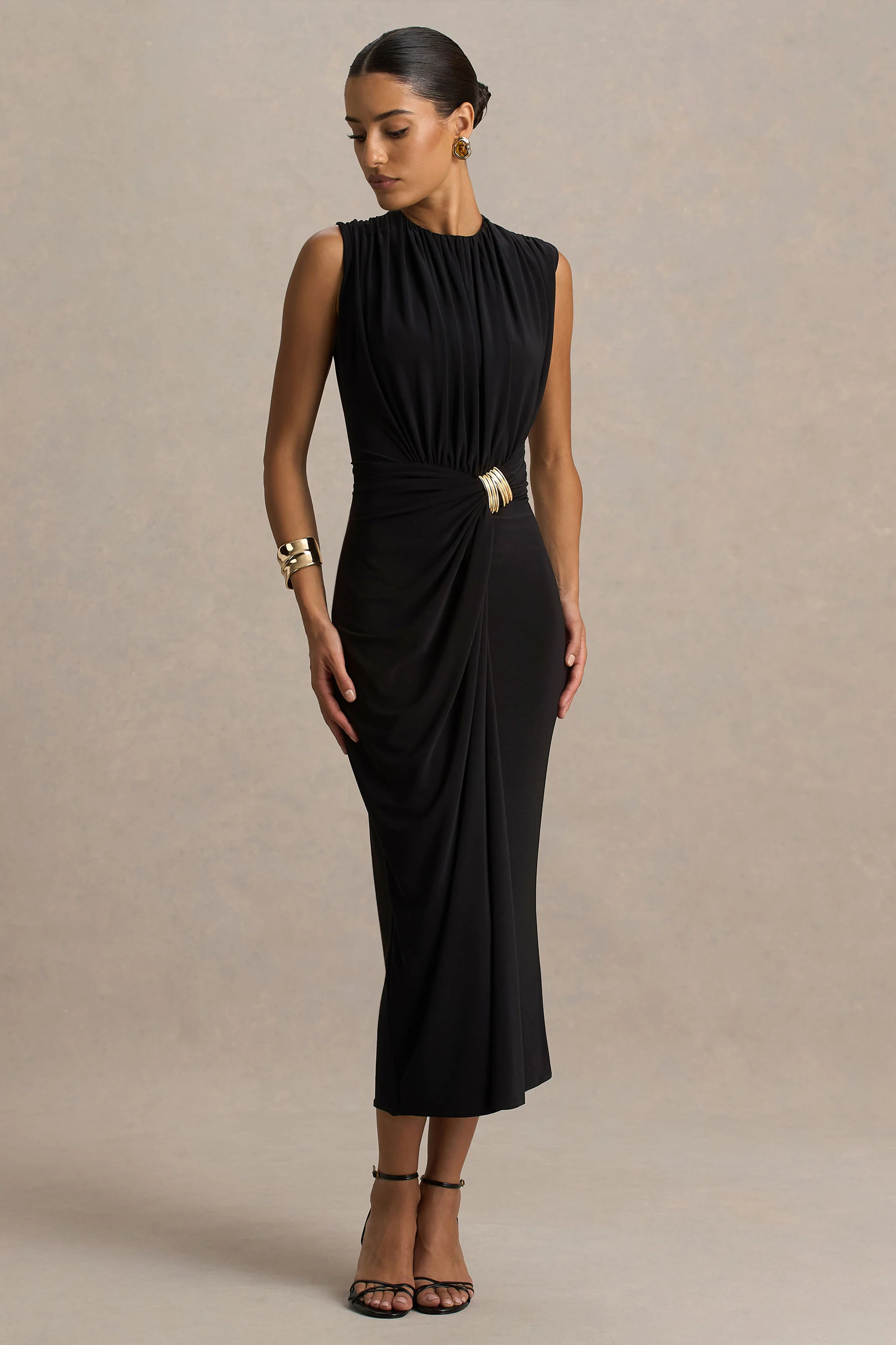 Harlow | Black Crew-Neck Wrapped Midi Dress