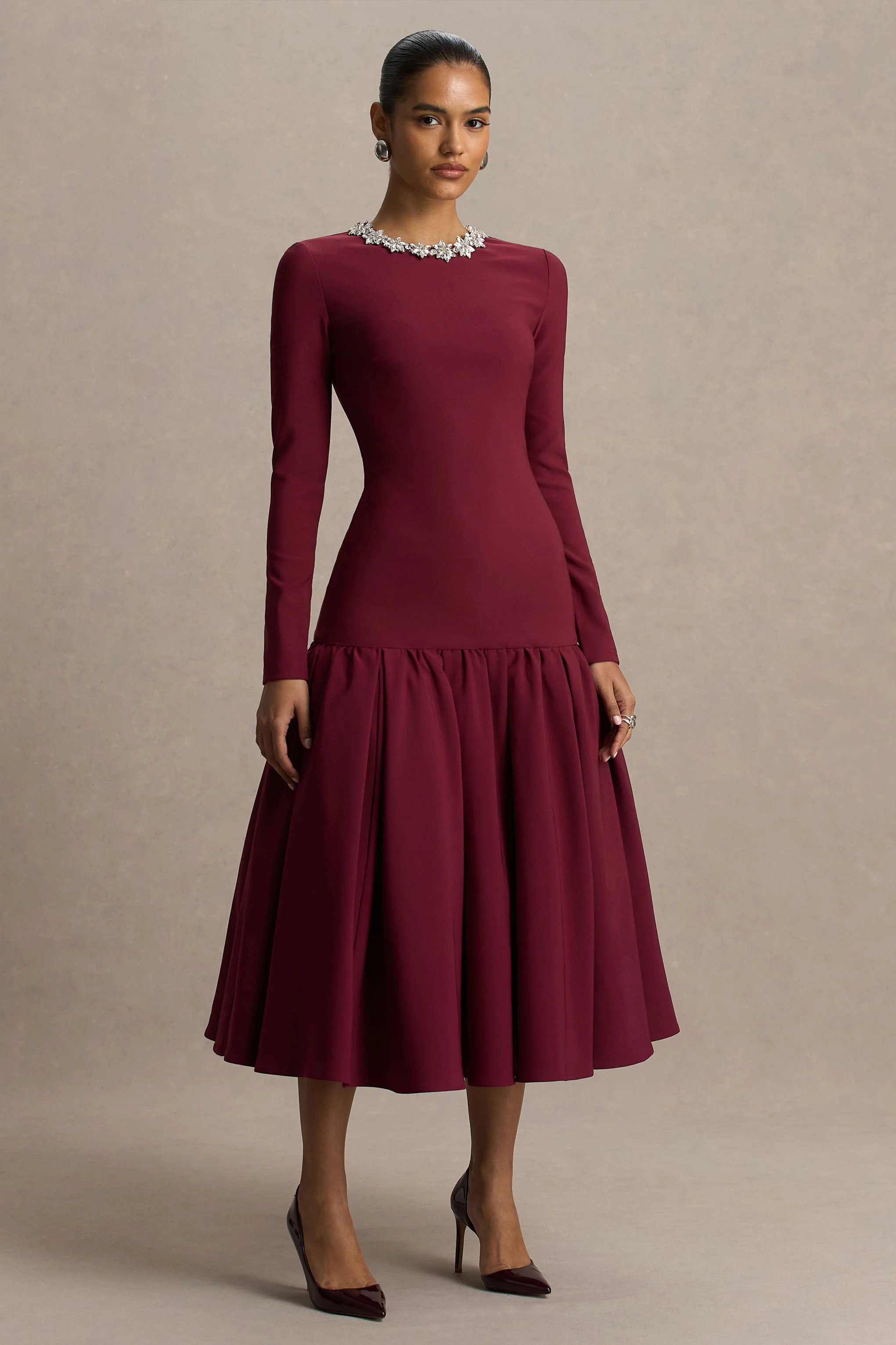 Jovana | Burgundy Hand-Embellished Crew-Neck Midi Dress With Drop Waist