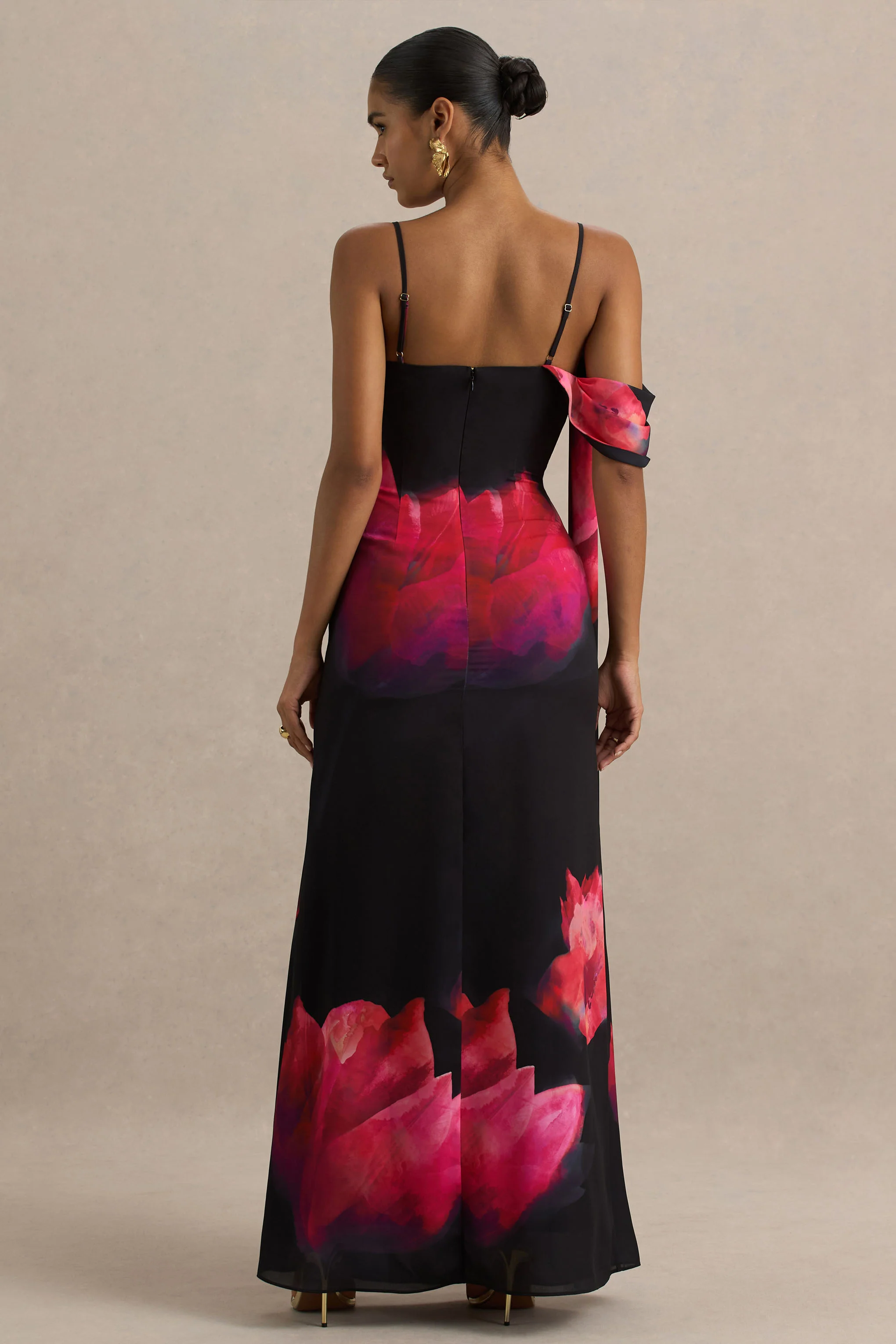 Leonara | Black And Pink Floral Print Cowl-Neck Maxi Dress With One-Sleeve