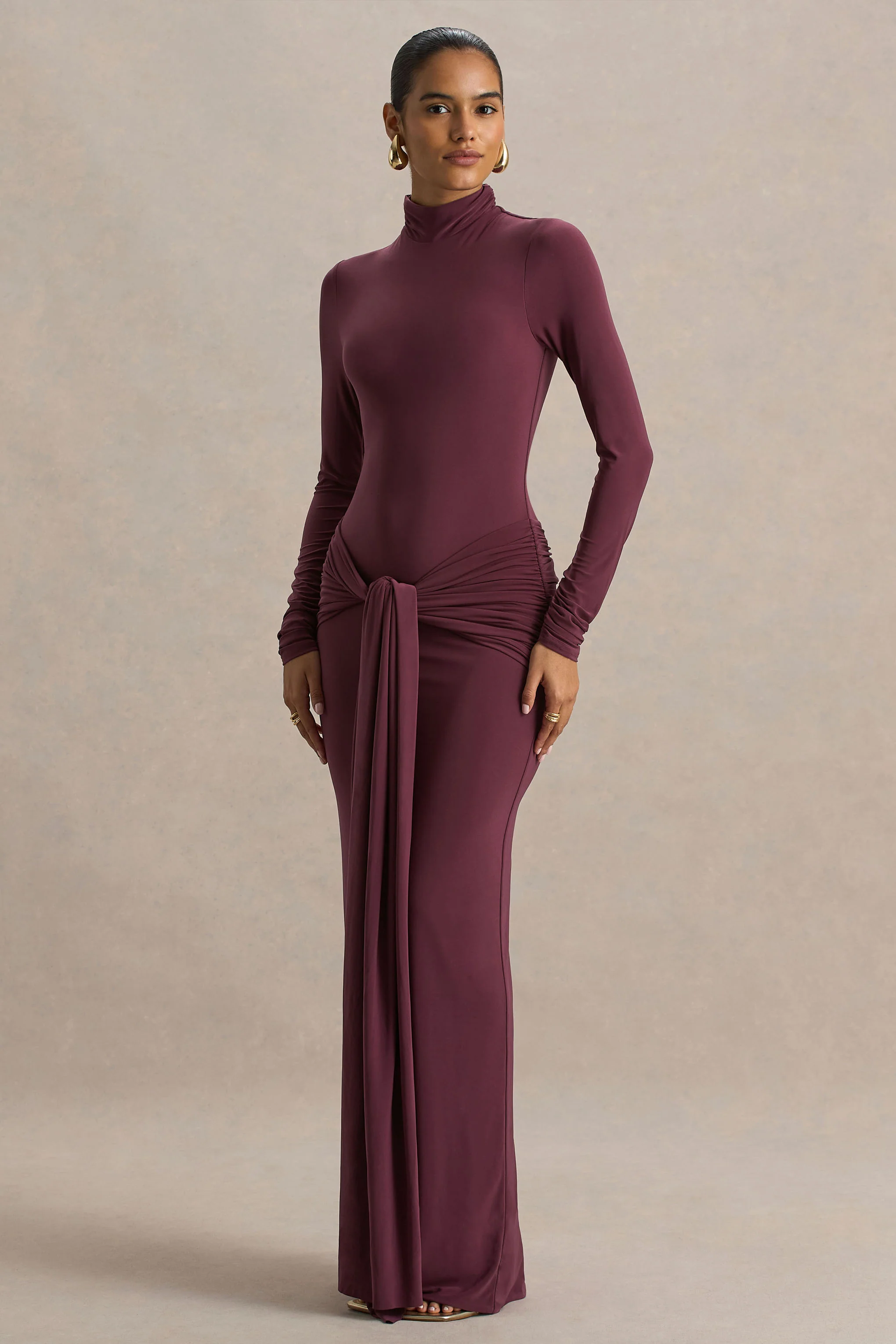 Myra | Burgundy High-Neck Maxi Dress With Sash and Ruched Detailing