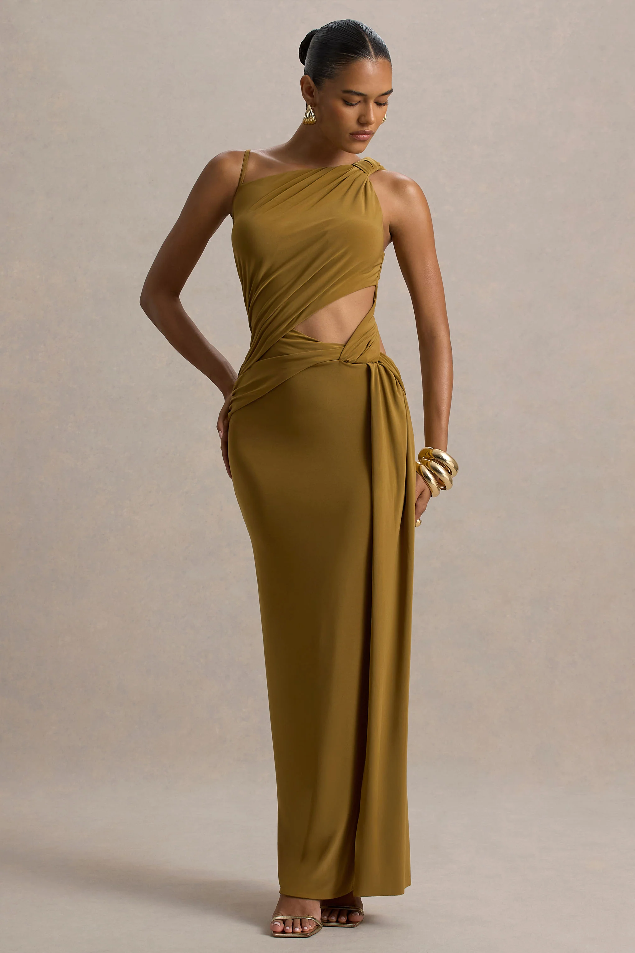 Storm | Camel Asymmetric Maxi Dress With Cut-Out Details