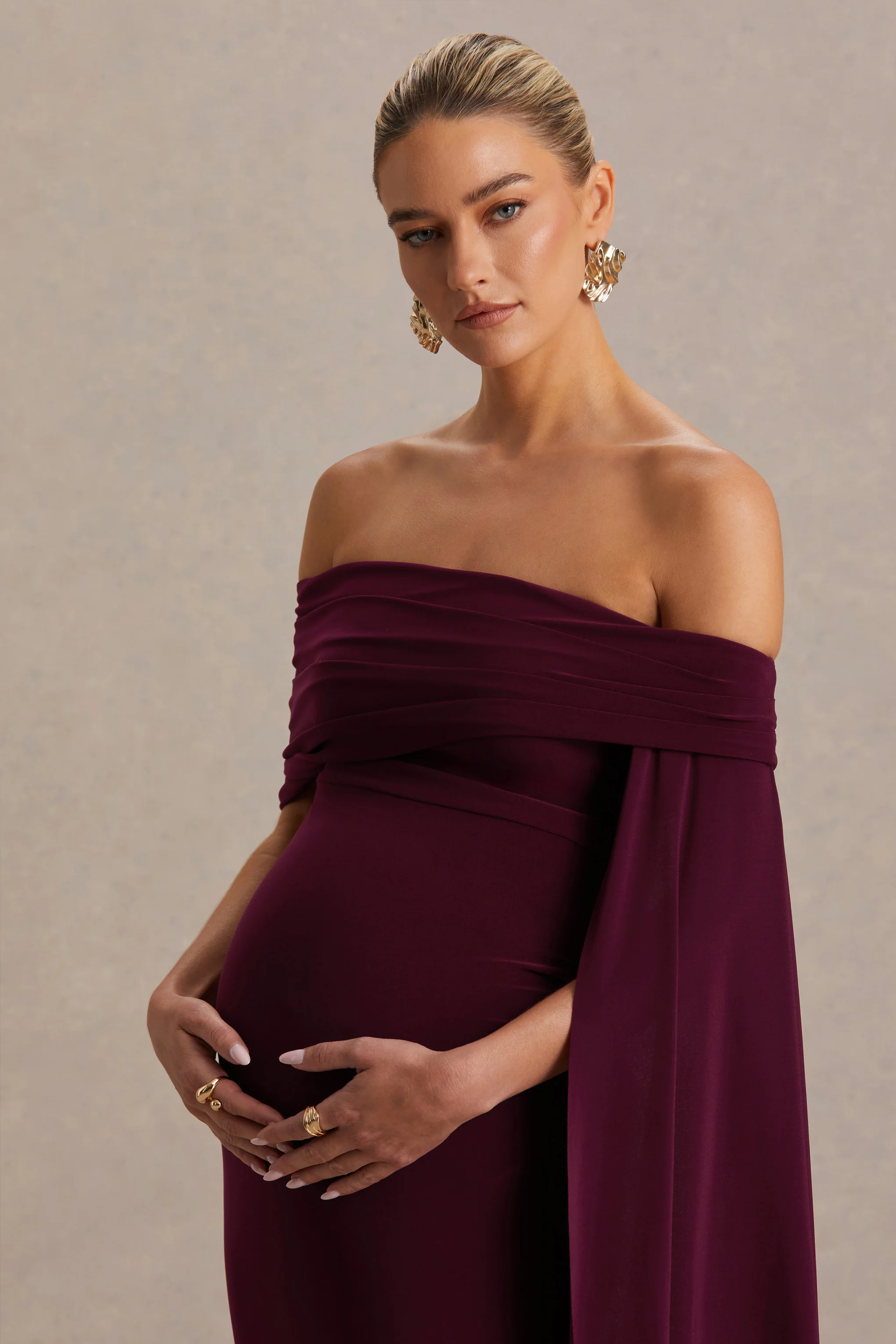 Aquila |  Burgundy Bardot Maternity Maxi Dress With Drape Sleeve