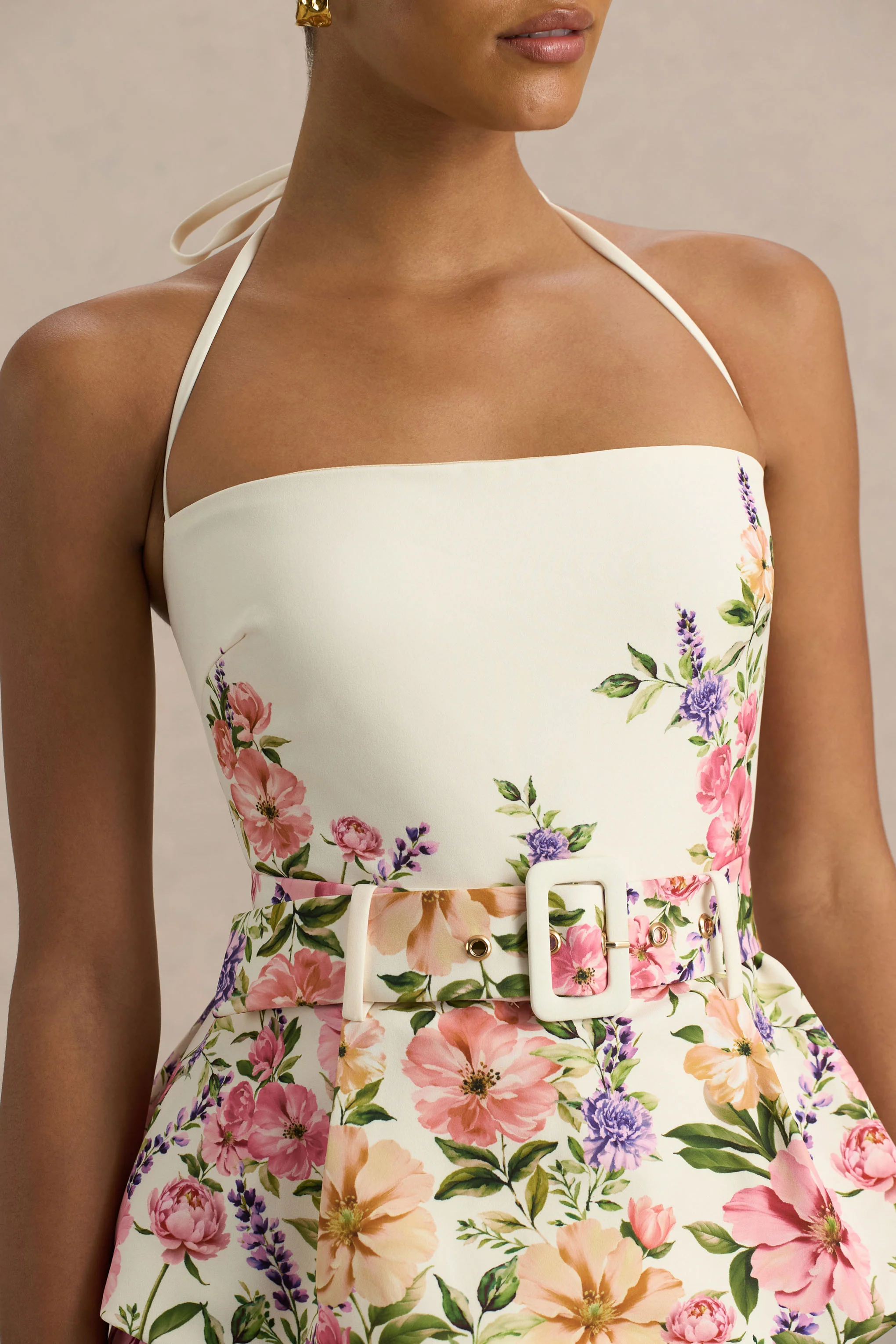 Maud | White Floral Border Print Square-Neck Tailored Top