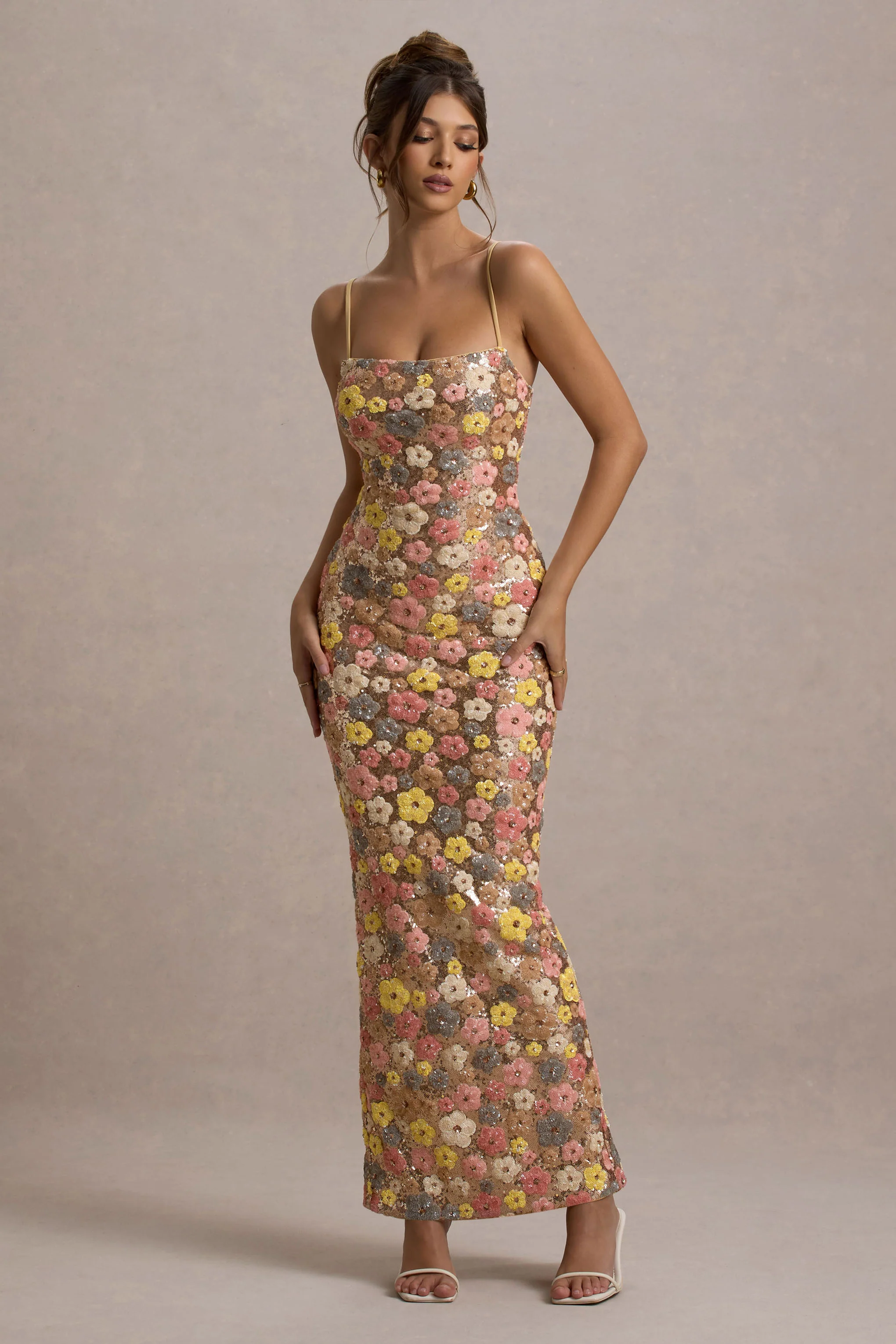 Vitora | Pastel Floral Print Sequin Square-Neck Maxi Dress