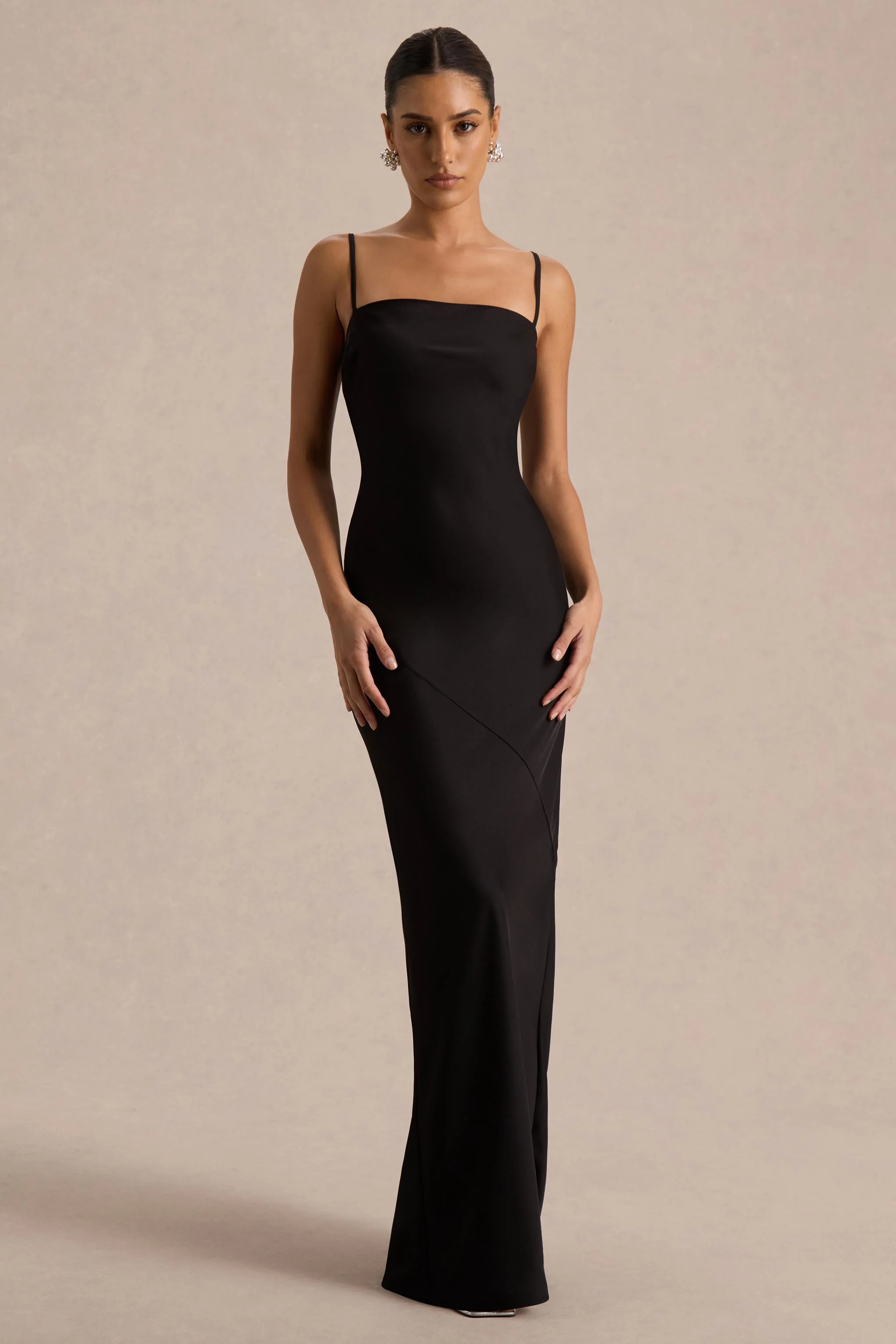 Yoli | Black Satin Maxi Dress With Twist-Cape