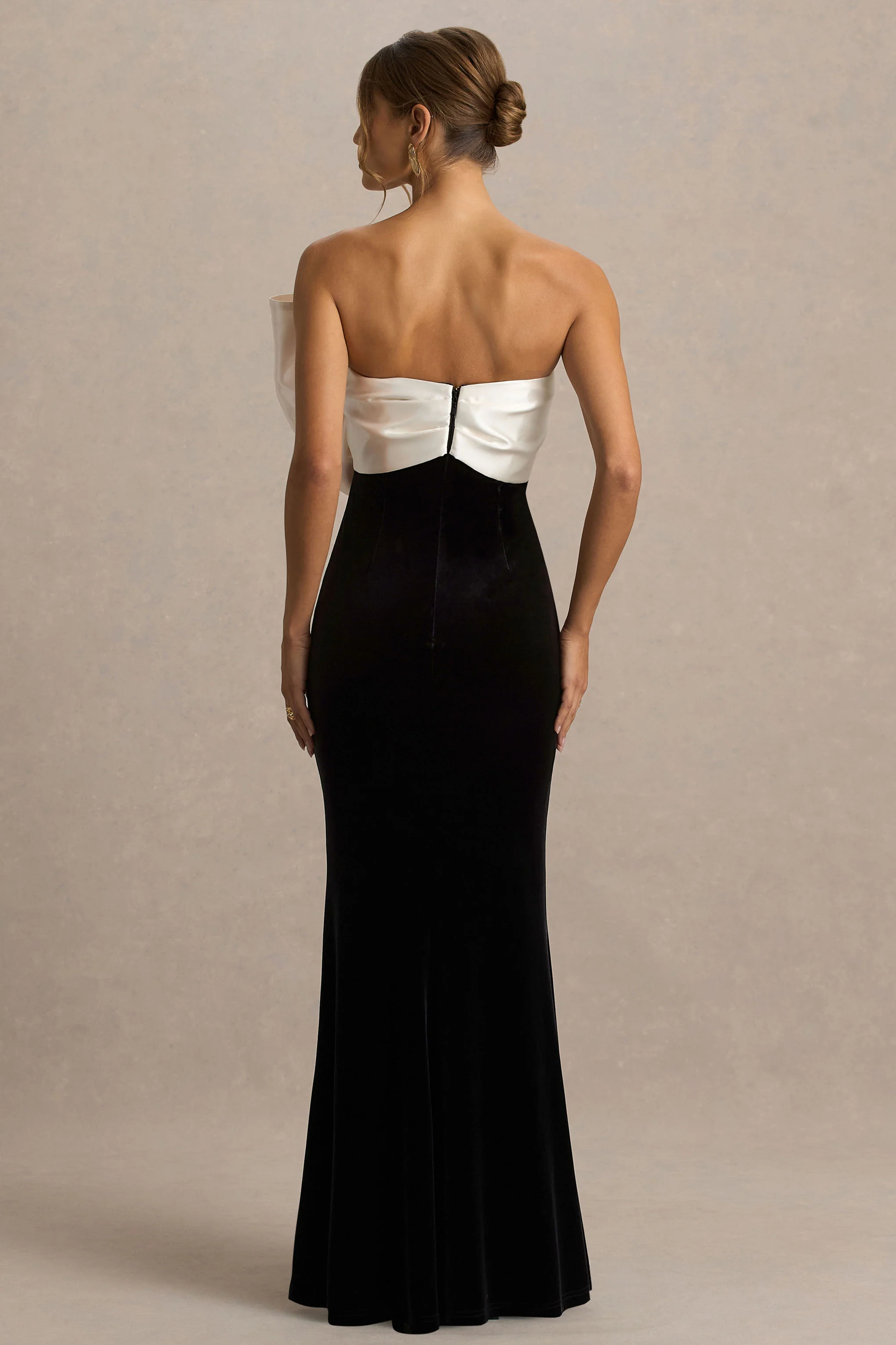 Divulge | Black And White Velvet Asymmetric-Neck Maxi Dress With Bow Detail