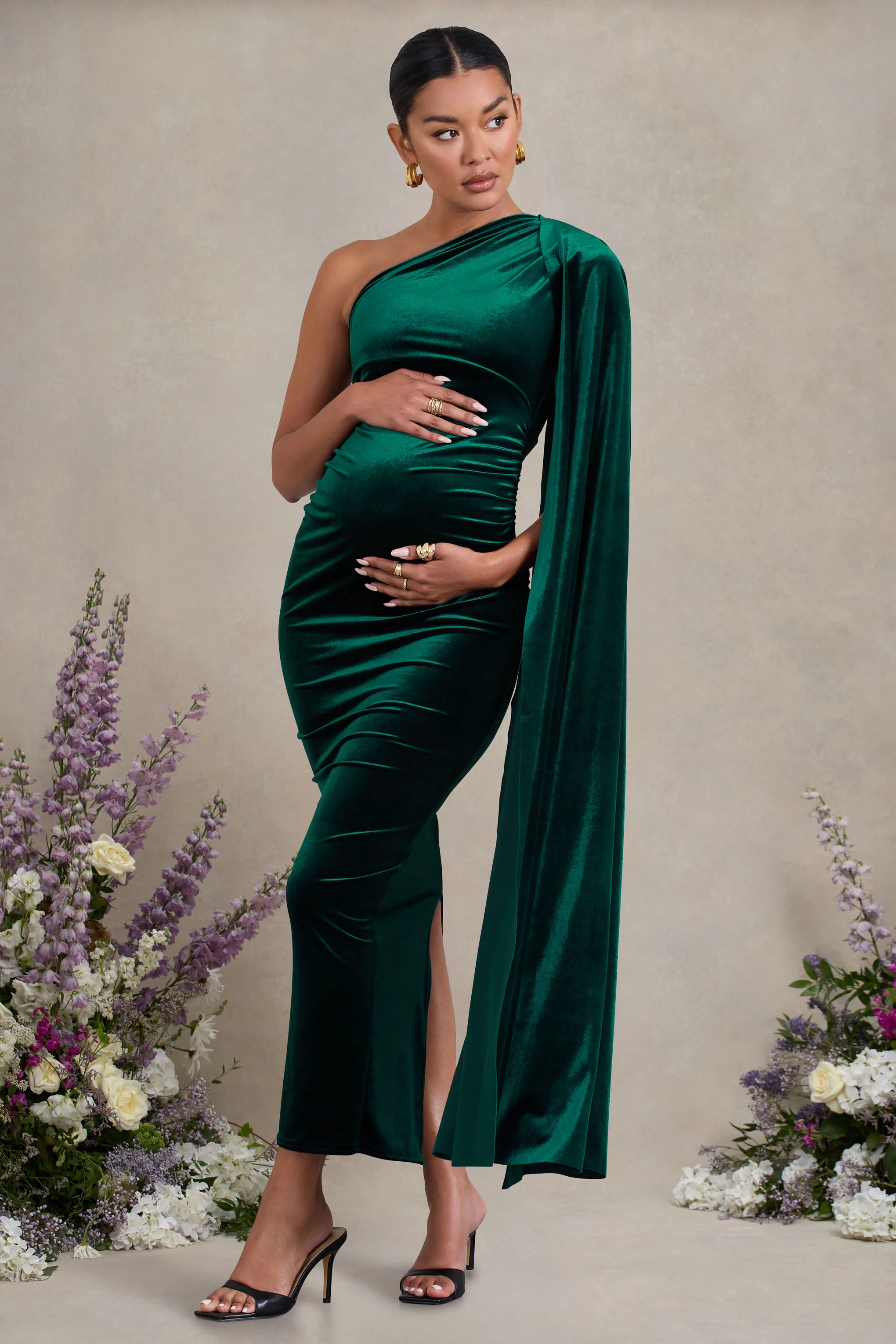 Amaryllis | Bottle Green Velvet Maternity One Shoulder Maxi Dress with Cape Sleeve