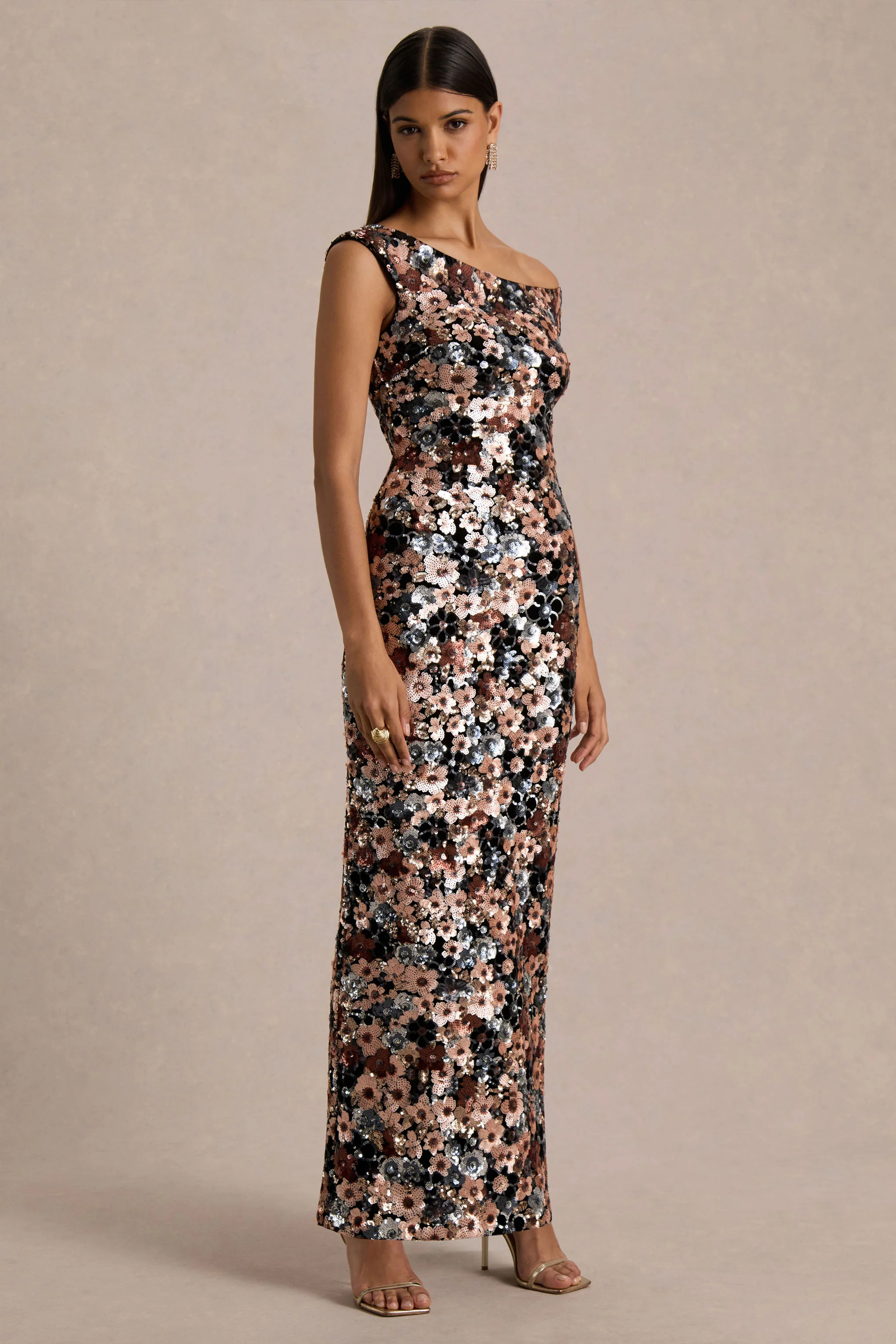 Electric | Black Sequin Floral Velvet Asymmetric-Neck Maxi Dress